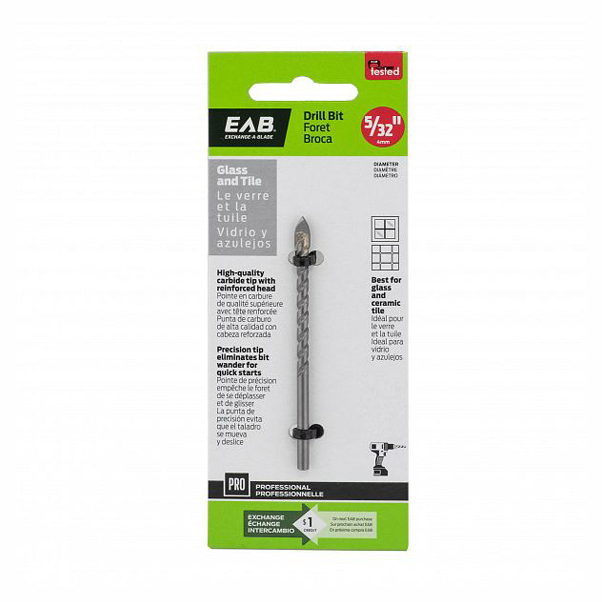 Mèche, foret pour le verre et la tuile, 5/32''