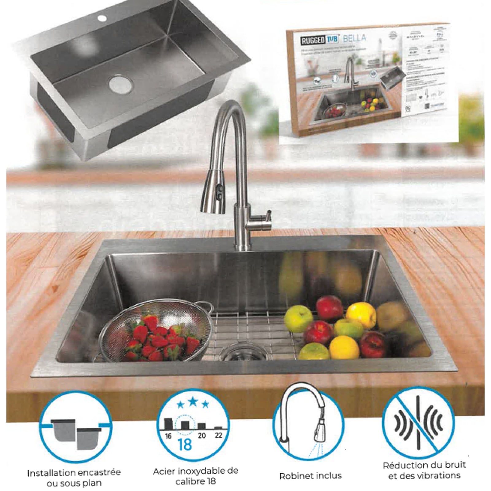 Évier simple, bella, acier inoxidable