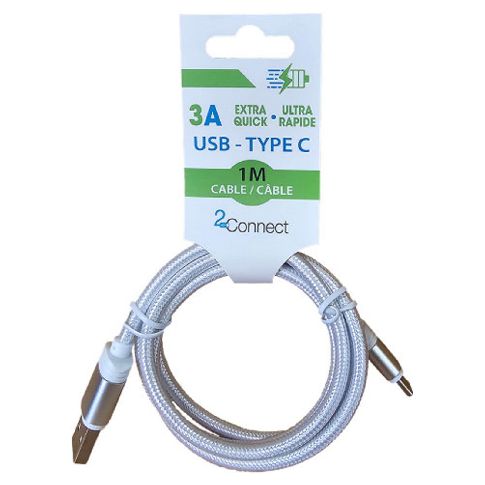 Cable USB-A, à Type-C, Tressé, 2 couleurs assorties, blanc, noir, 1 mêtre