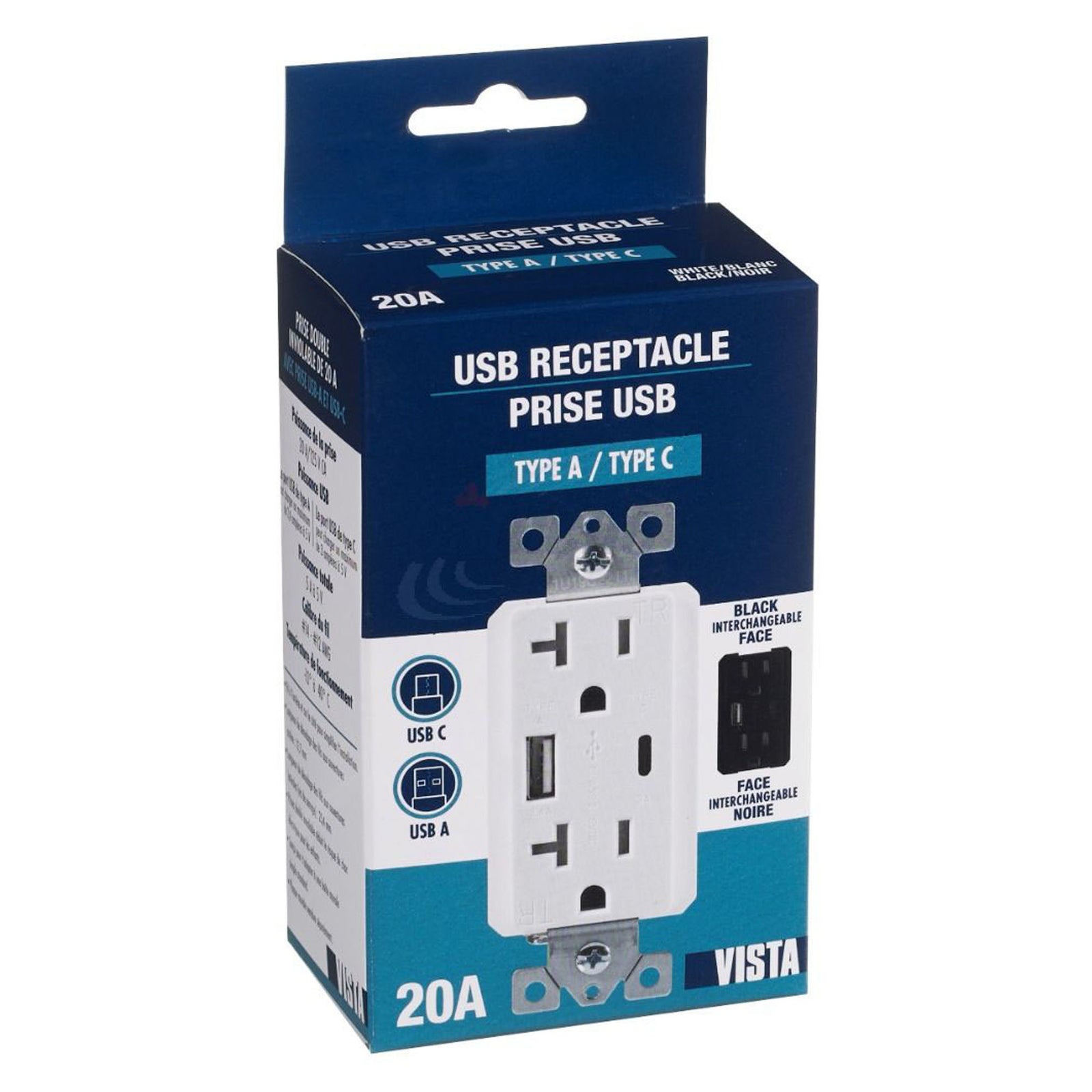 Prise inviolable, avec ports USB-A et USB-C, 20 ampères, blanc