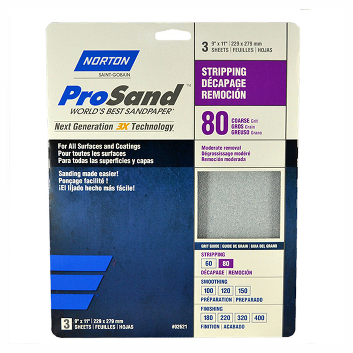 Papier de verre oxyde d'aluminium, 9'' x 11'', 80 gr (emballage de 3)