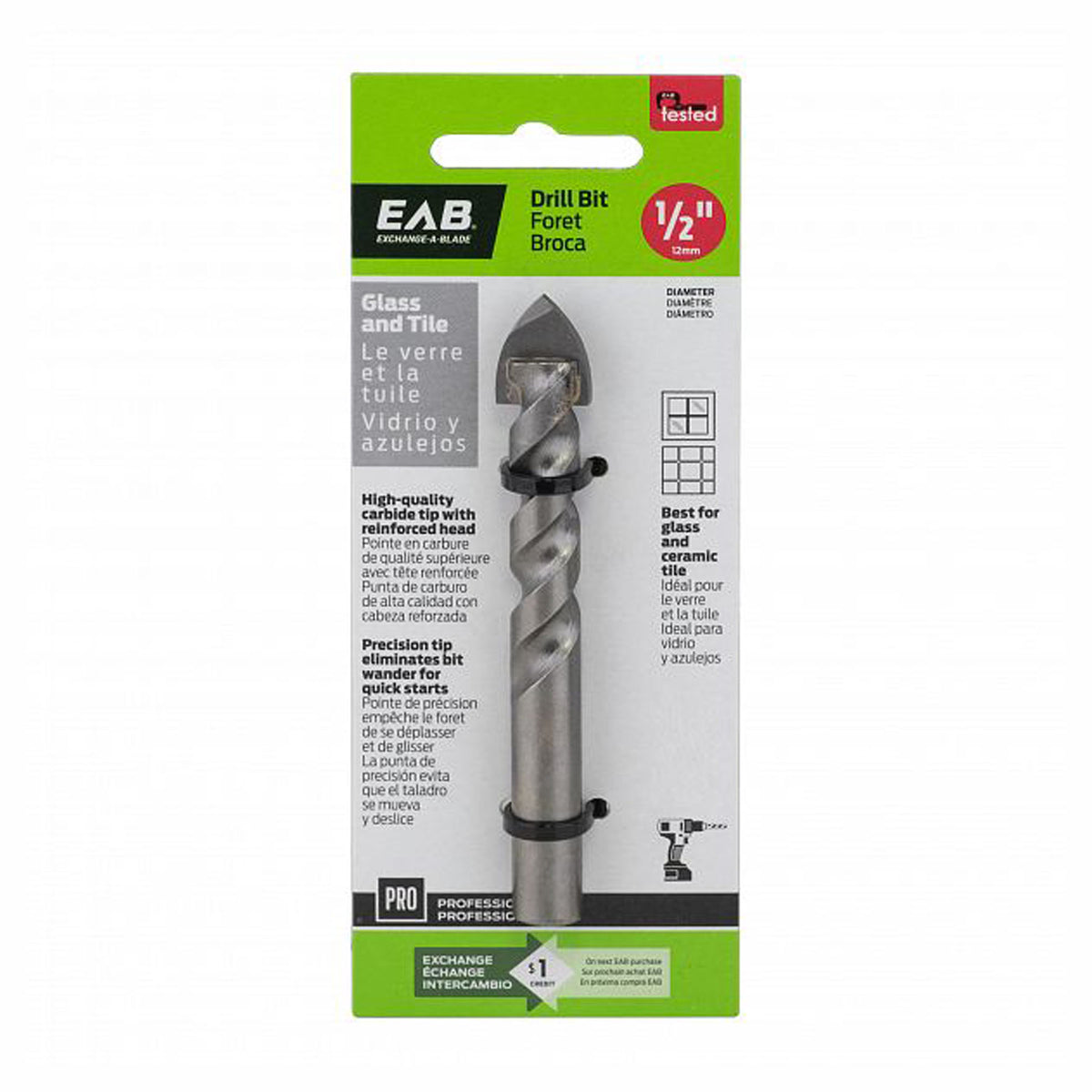 Mèche, foret pour le verre et la tuile, 1/2''