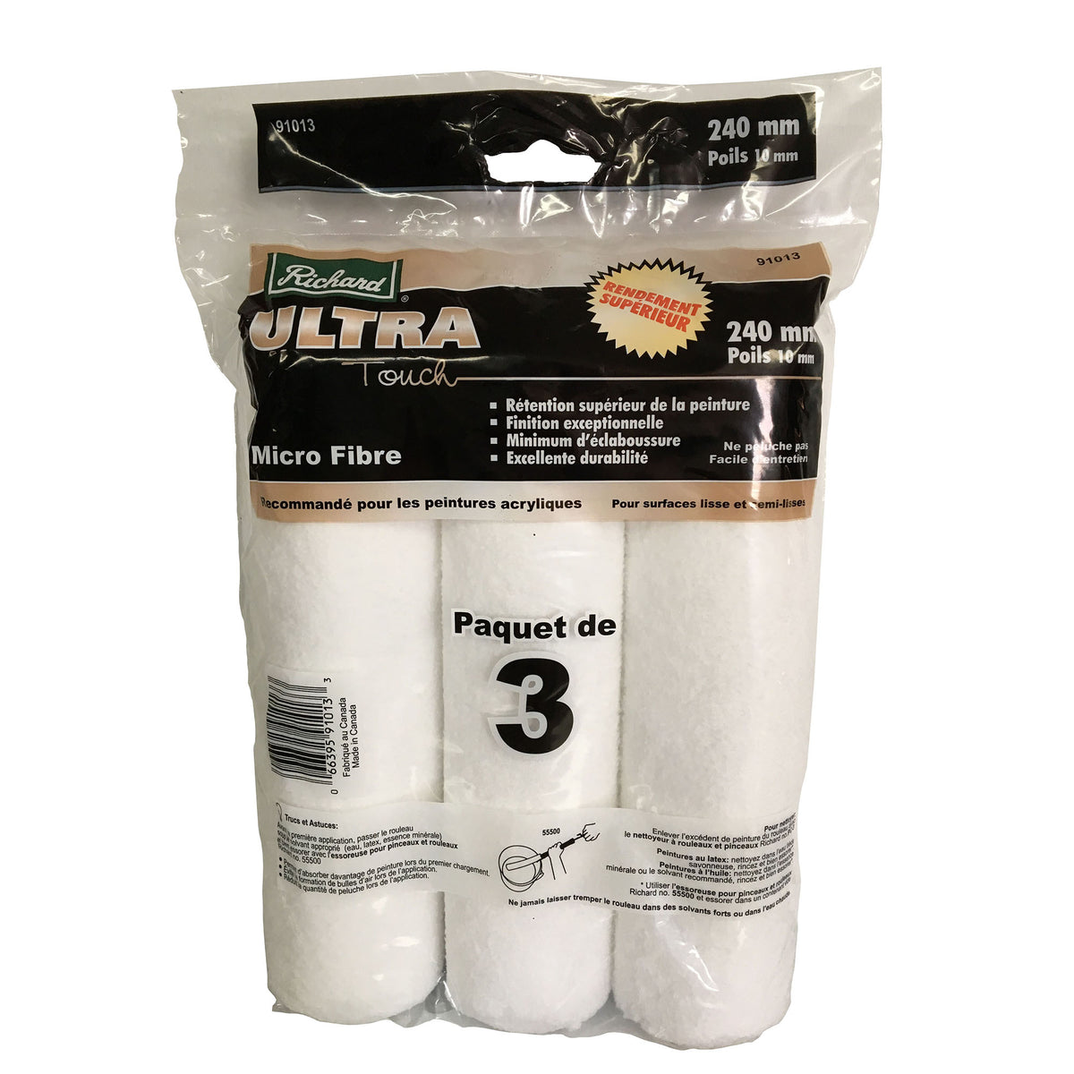 Manchon en microfibre de 9 1/2 po, 10 mm épaisseur, série Ultra Touch (paquet de 3)