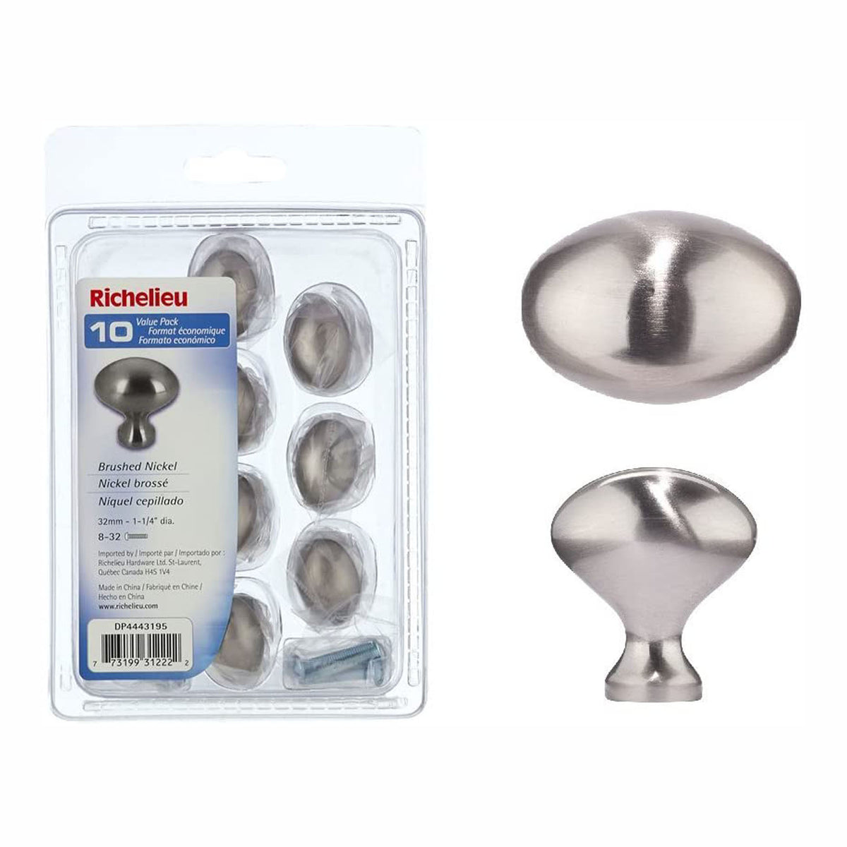 Bouton traditionnel en métal, nickel brossée, 32 mm (emballage de 10)