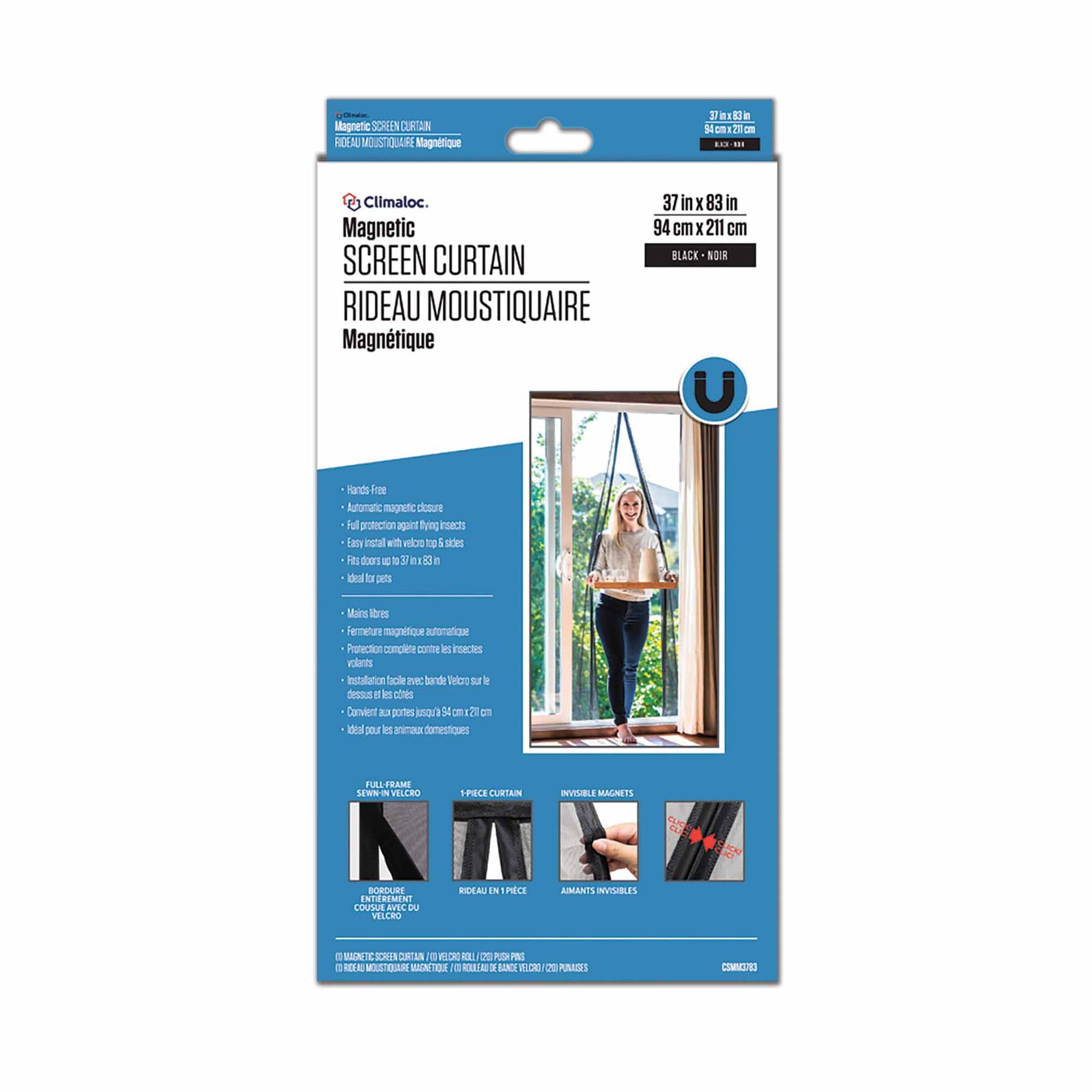 Rideau moustiquaire magnétique de 37'' x 83'', noire