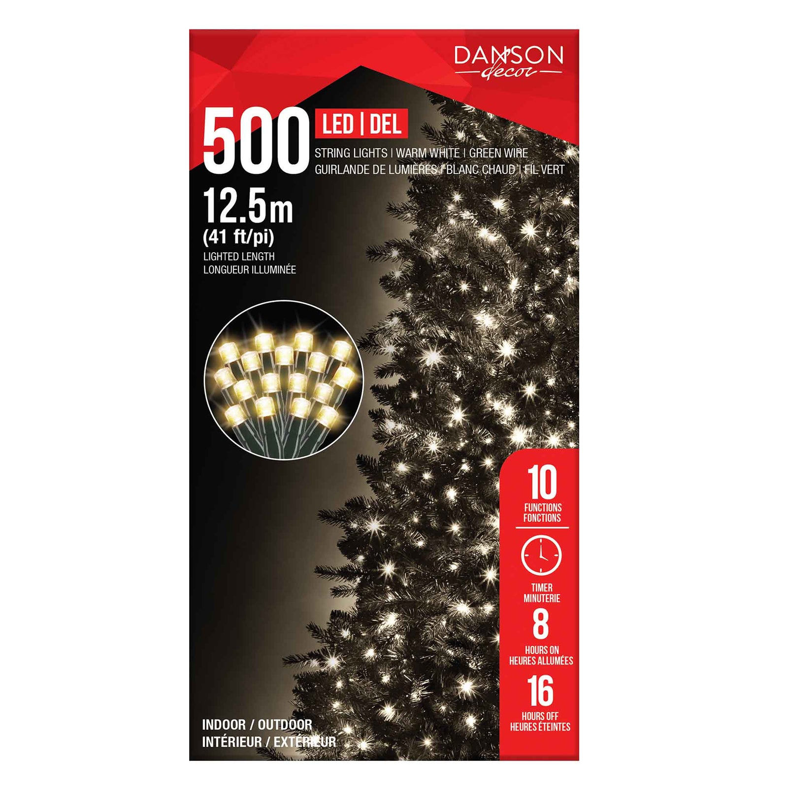 Guirlande de 500 lumières DEL à 10 fonctions de 41' (12,5 m), blanc chaud