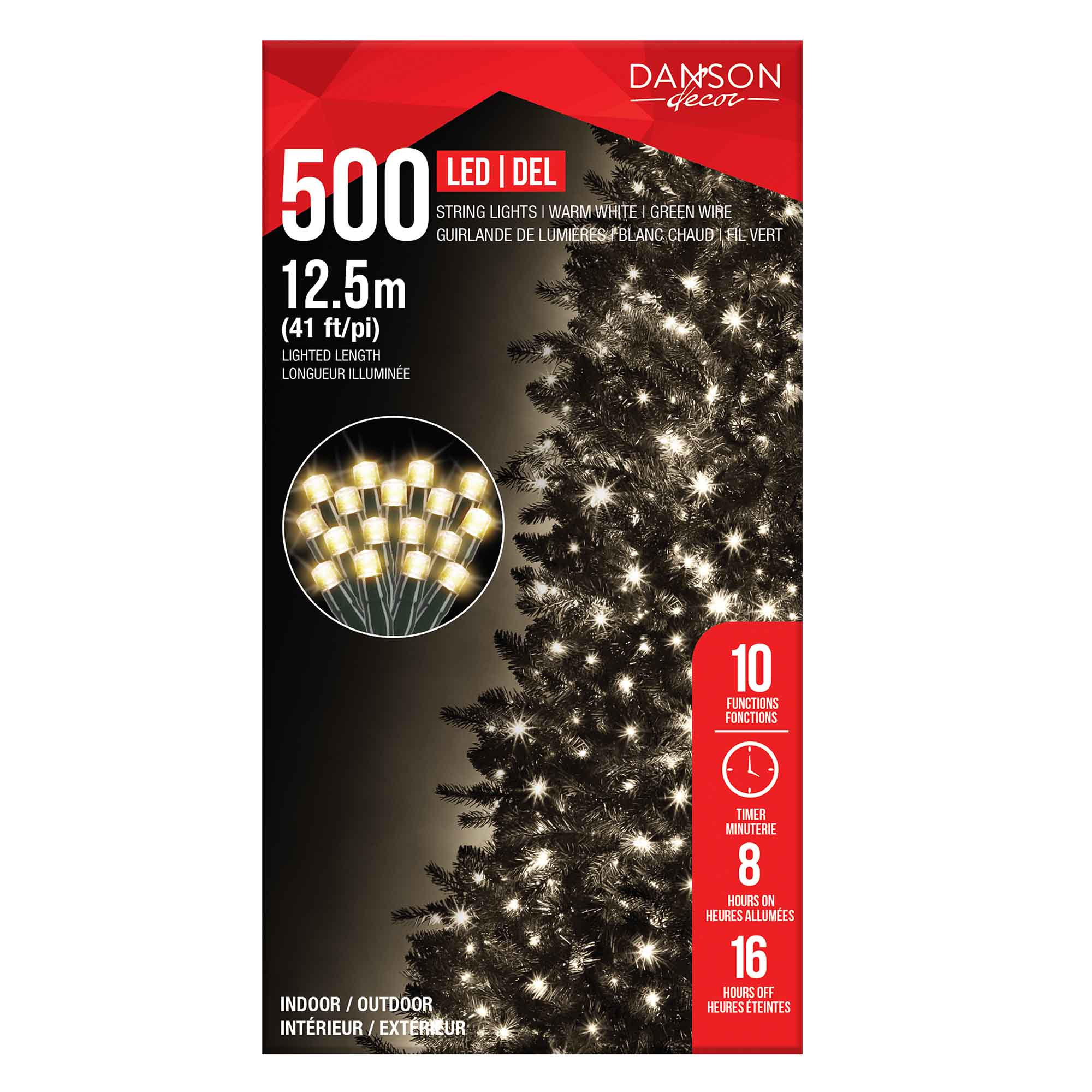 Guirlande de 500 lumières DEL à 10 fonctions de 41' (12,5 m), blanc chaud