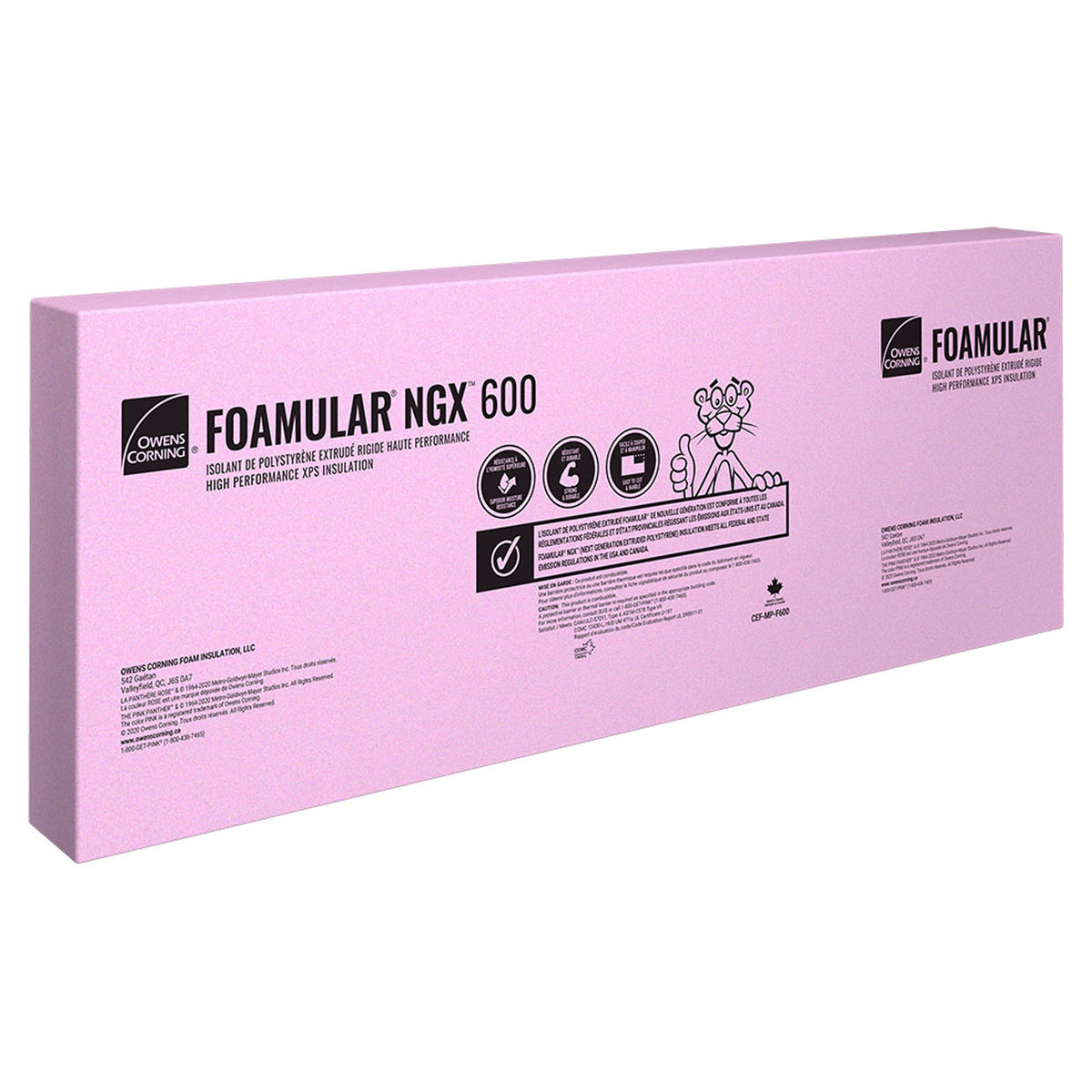 Panneau de Styrofoam, Foamular, NGX 600, 1'' x 2' x 8'