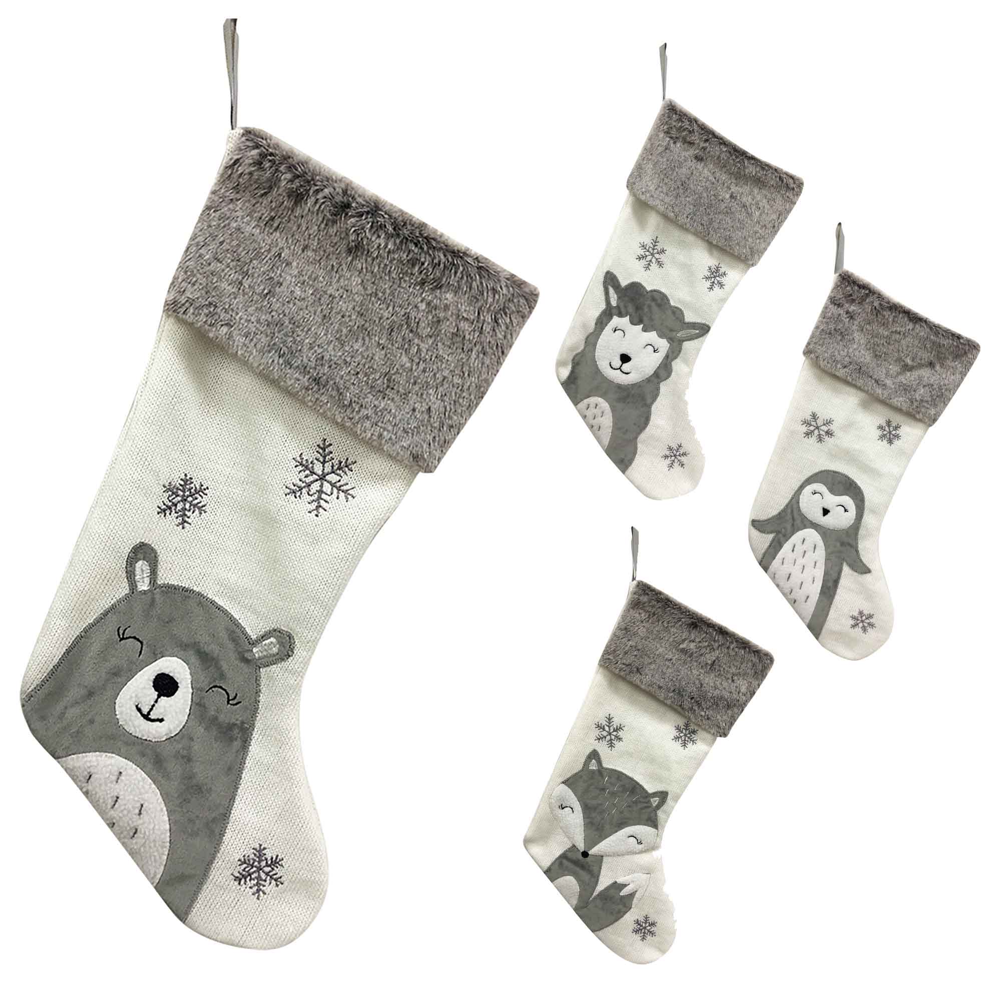 Bas de Noël gris et beige avec animal, choix entre 4 modèles : pingouin, ours, renard ou mouton (48 cm)