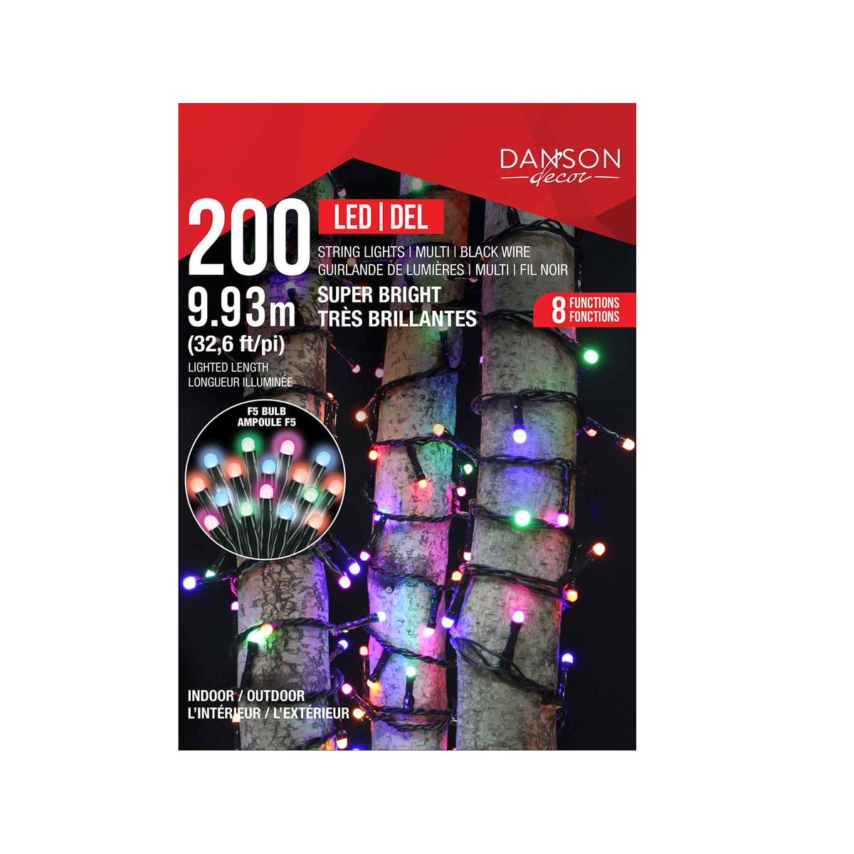 Guirlande de 200 lumières F5 DEL à 8 fonctions de 32,6' (9,93 m), multicolore
