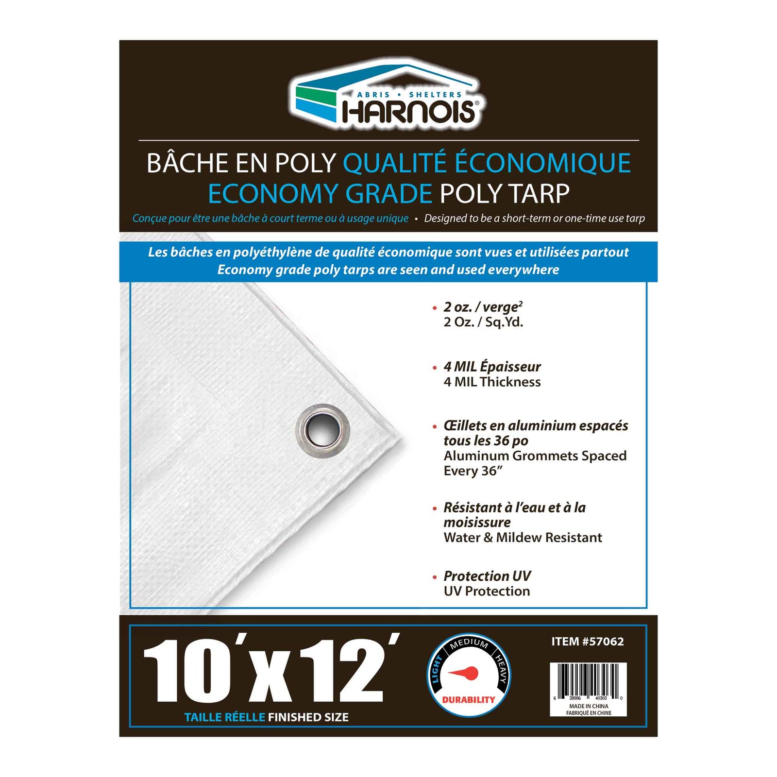 Bâche en polyéthylène blanc transparent de qualité économique, 10' x 12'