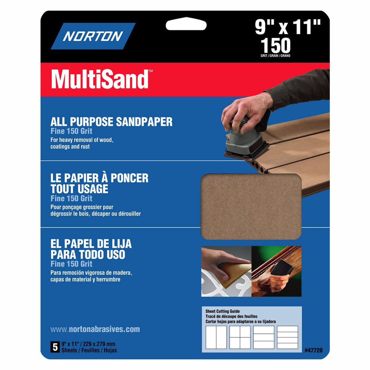 Papier de verre oxyde d'aluminium, 9'' x 11'', 150 gr (emballage de 5)