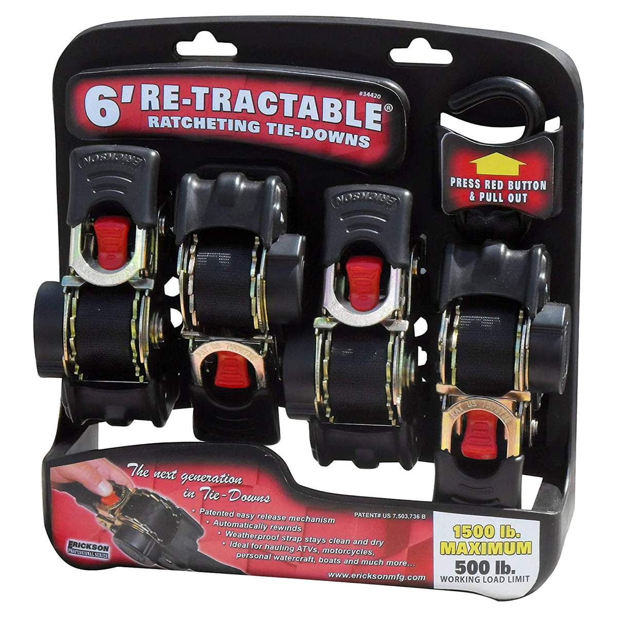 Ensemble de 4 sangles d'arrimage rétractable, 1'' x 6' (1 500lbs)