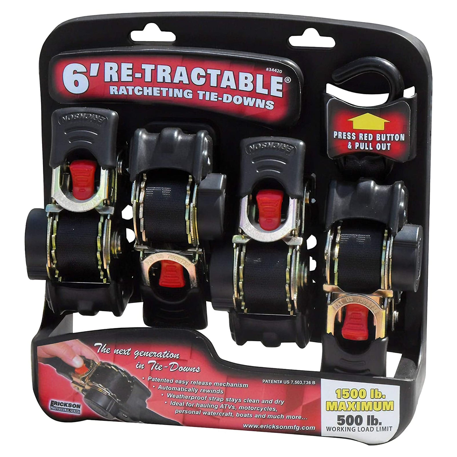 Ensemble de 4 sangles d'arrimage rétractable, 1'' x 6' (1 500lbs)