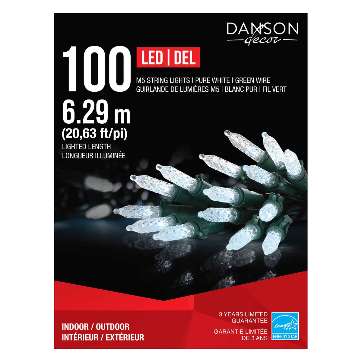 Guirlande de 100 lumières M5 DEL de 20,63' (6,29 m), blanc pur