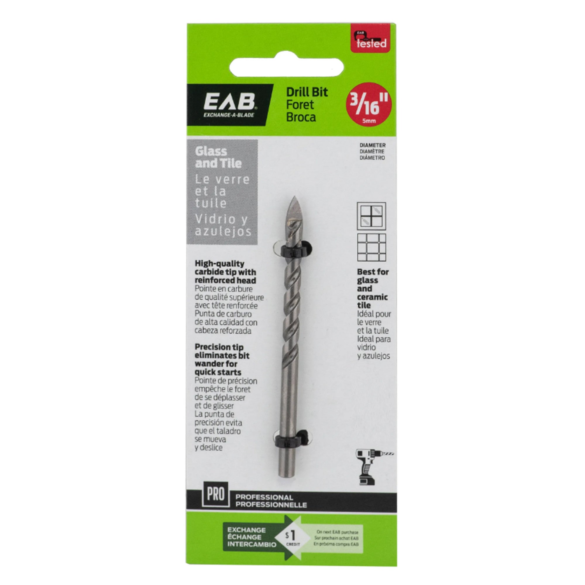 Mèche, forêt pour le verre et la tuile, 3/16''