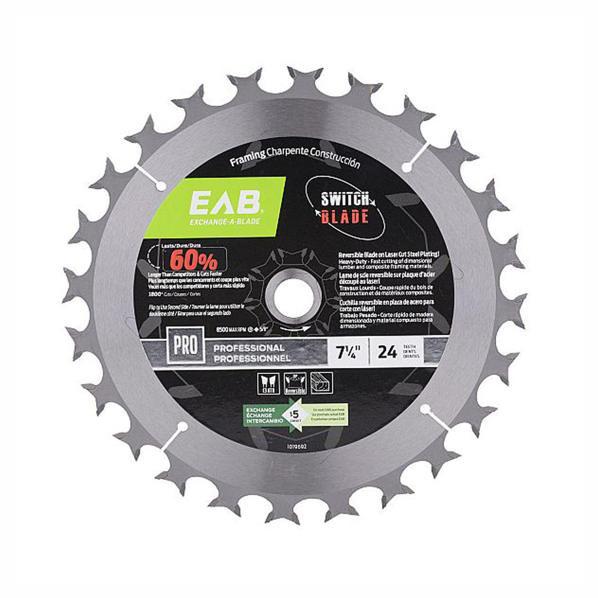 Lamme de scie circulaire professionnelle, réversible, 7-1/4'' x 24 dents