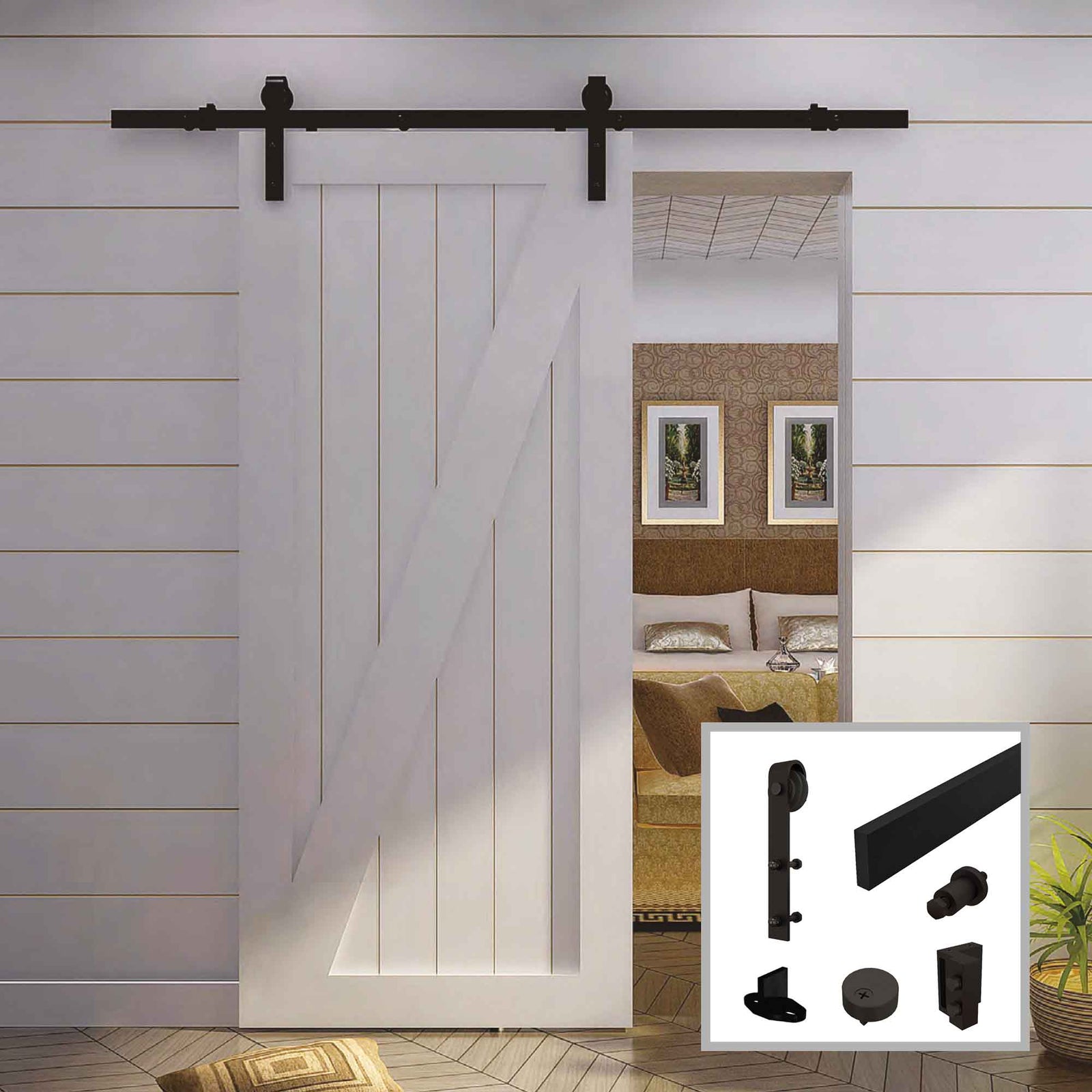 Rail et quincaillerie # 630 en acier noir pour porte à style de grange, 78-3/4"