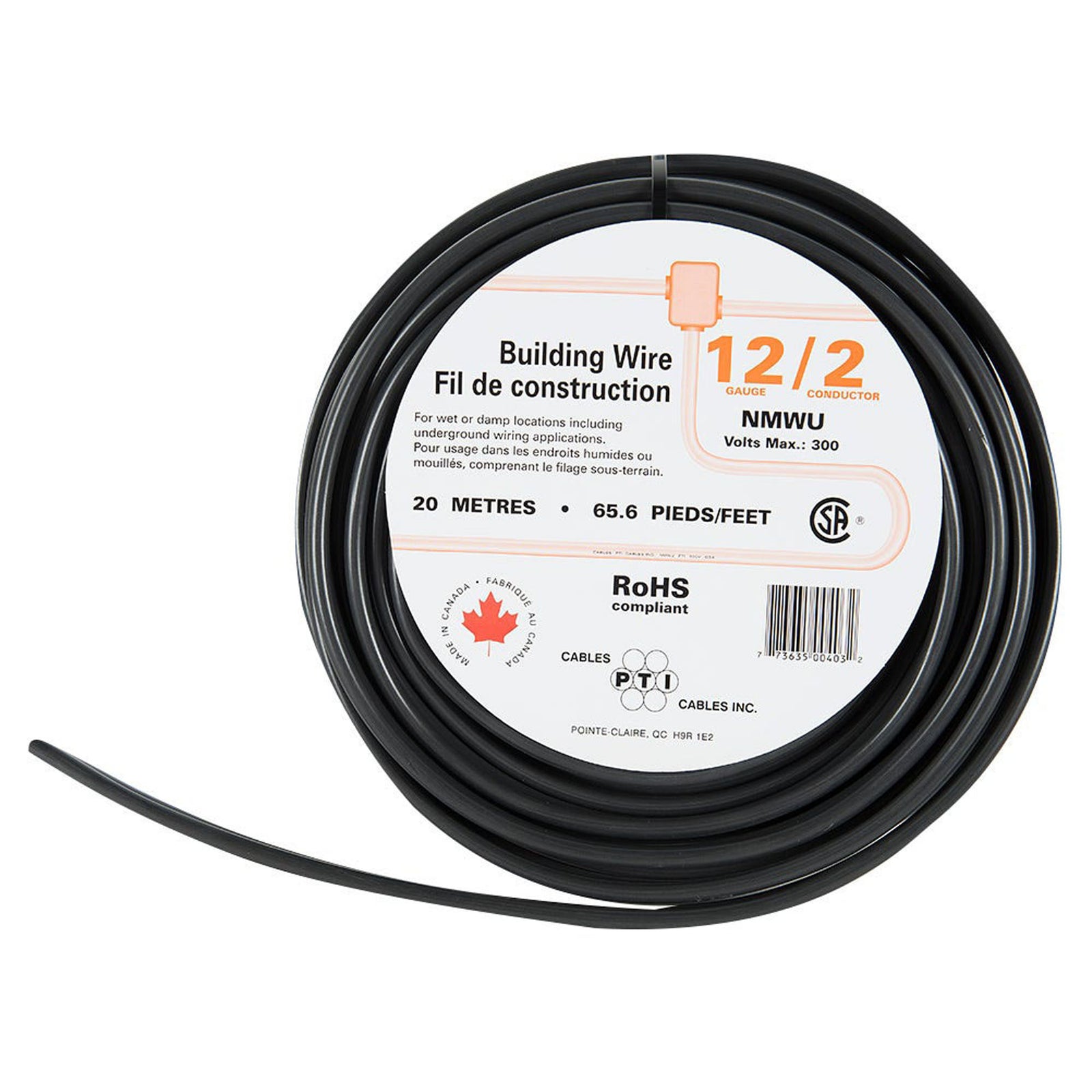 Fil électrique, 12-2, NMW-U, noir, 20 ampères, 75 mètres
