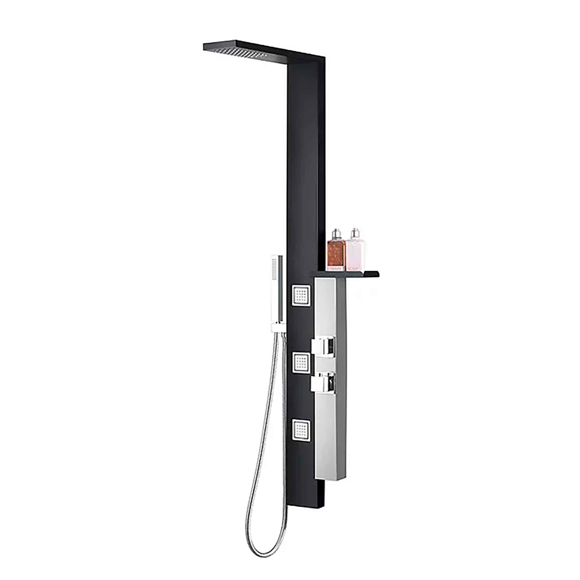 Colonne de douche 3 jets avec tablette, noir et acier inoxydable