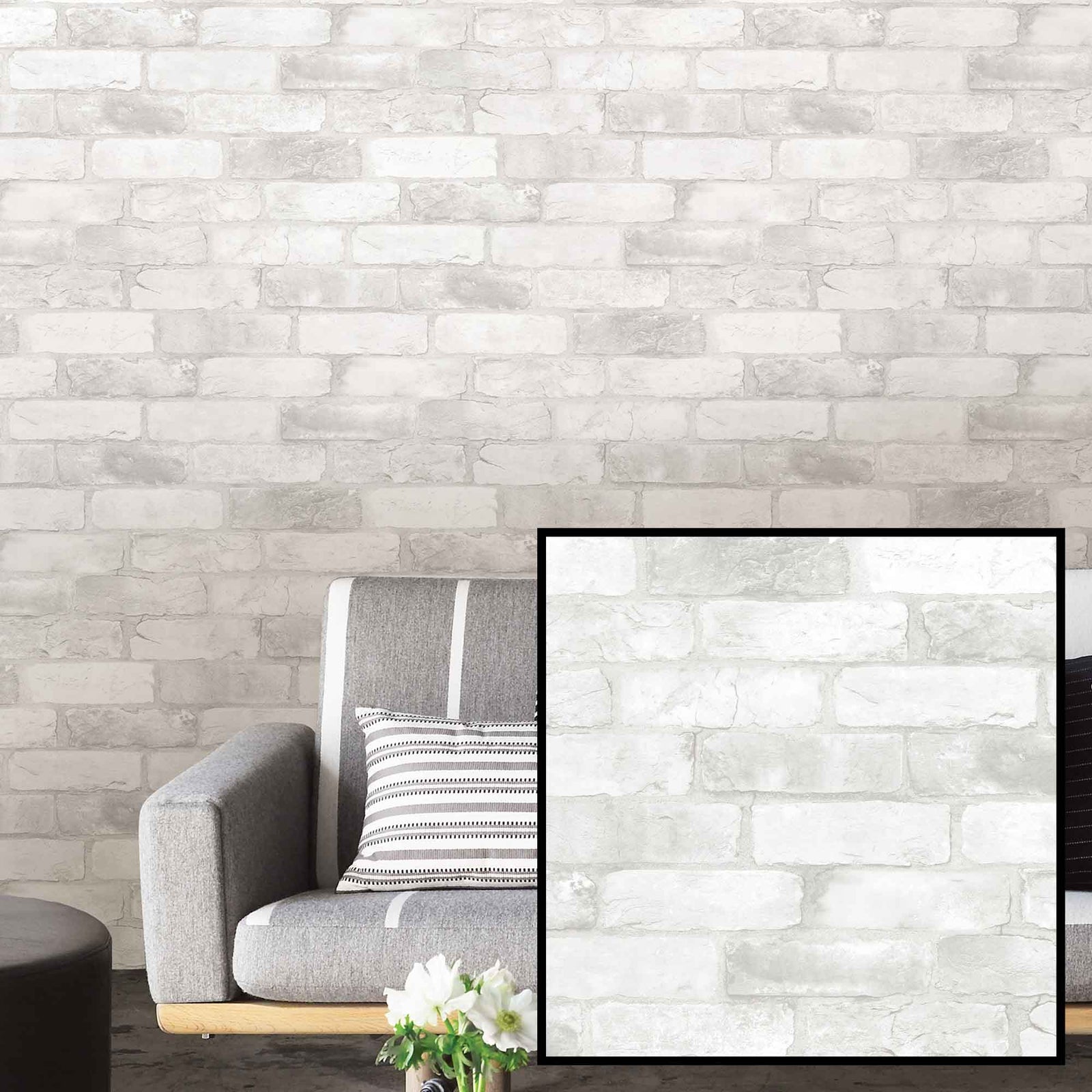 Papier peint ''peler et coller'' à motif de brique blanche, 20,5" x 18'