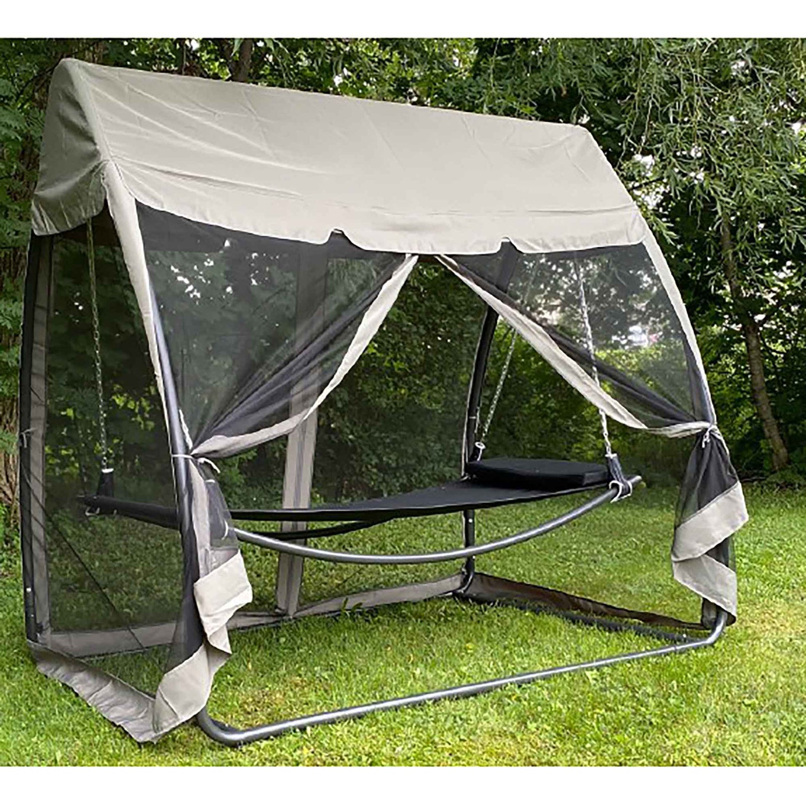 Hamac en tissu avec auvent et support moustiquaire, anthracite