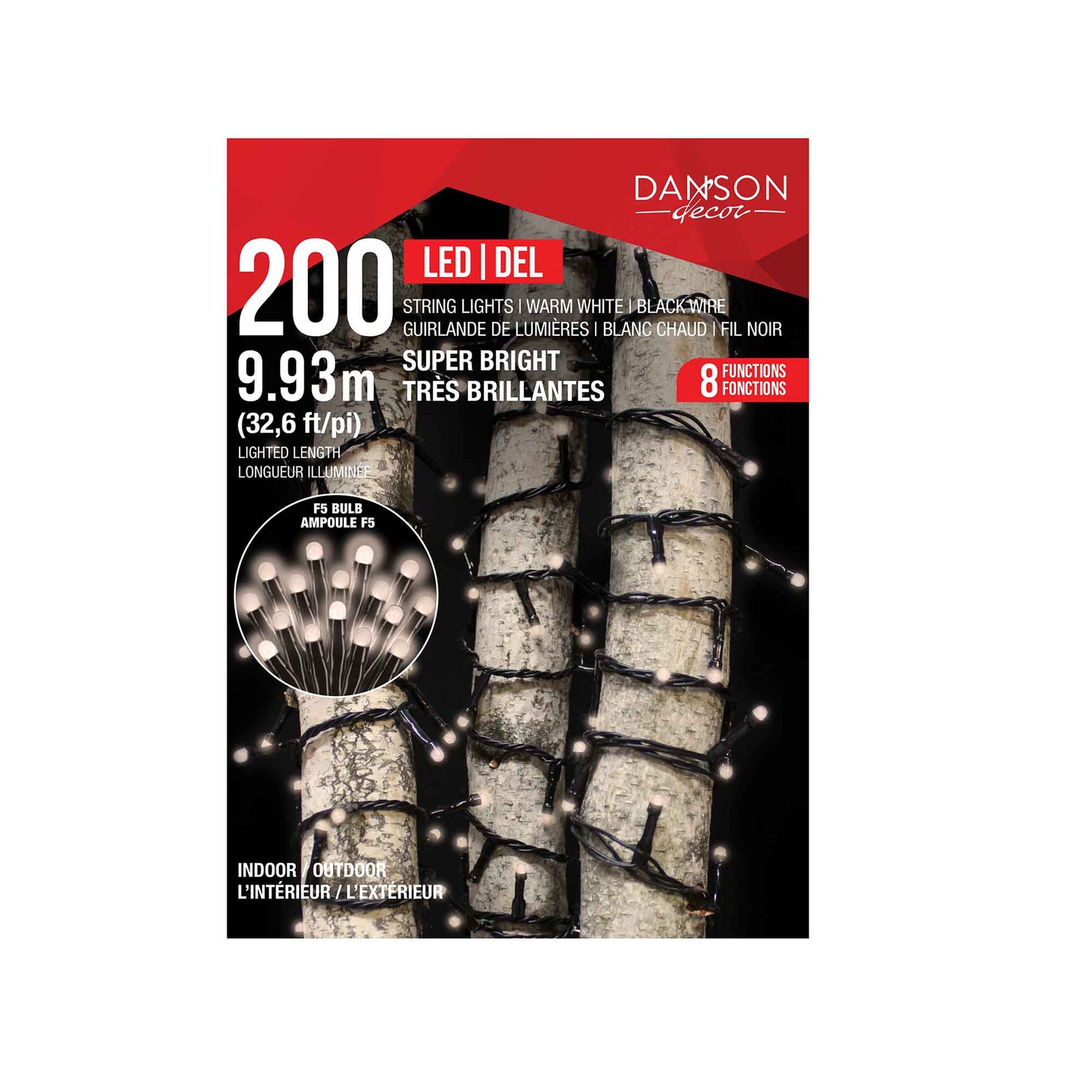 Guirlande de 200 lumières F5 DEL à 8 fonctions de 32,6' (9,93 m), blanc chaud