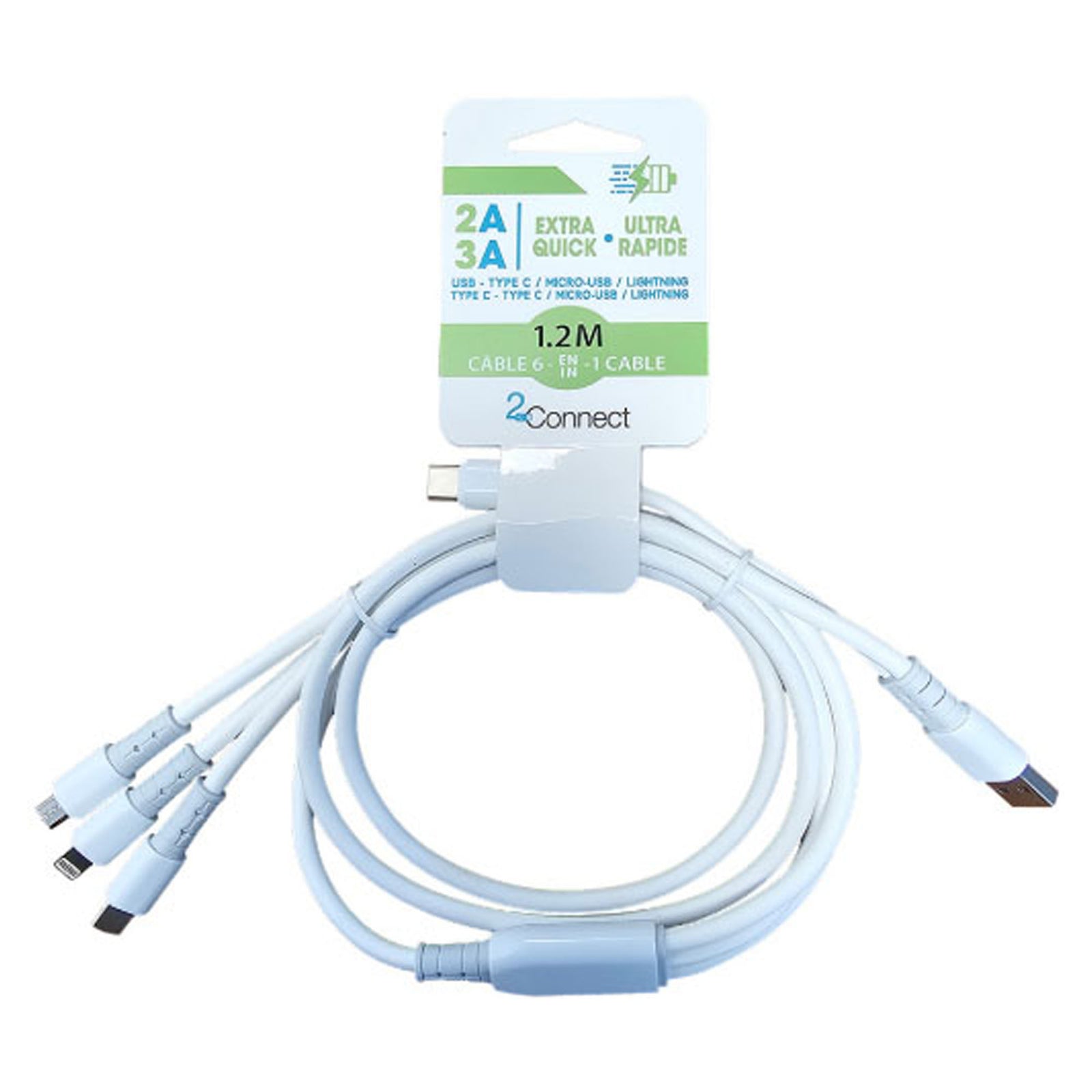 Cable universelle, USB-A, type-C, 6 en 1, blanc, 1,2 mêtre