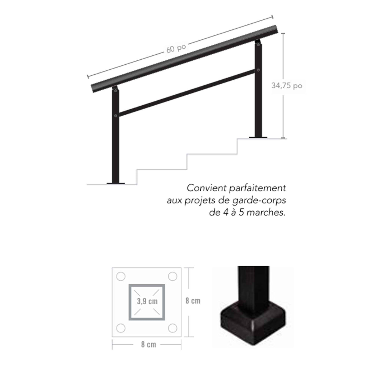 Ensemble de garde-corps pour perron 4 à 5 marches, noir