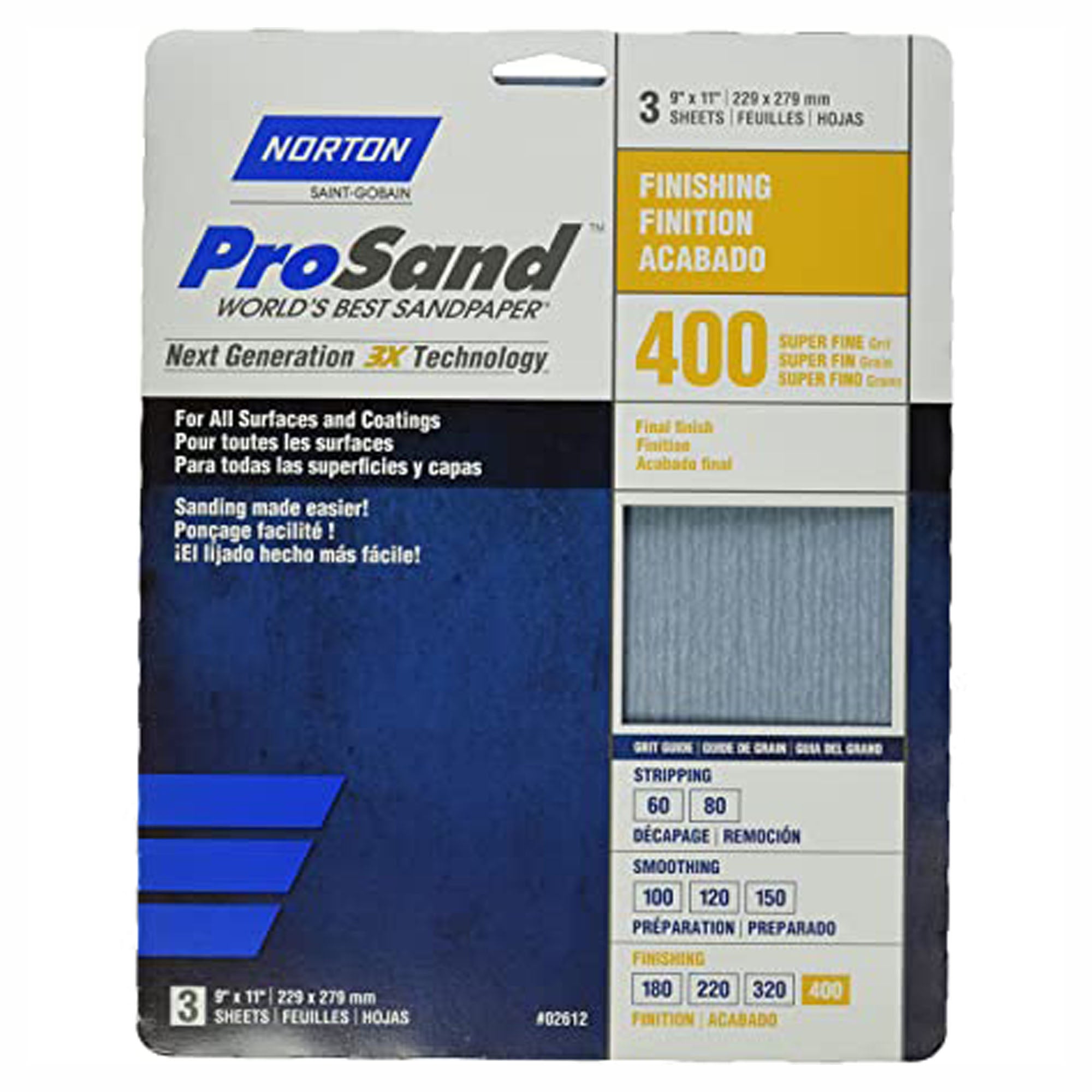 Ensemble de 4 Papier de verre oxyde d'aluminium, 9'' x 11'', grain assorti