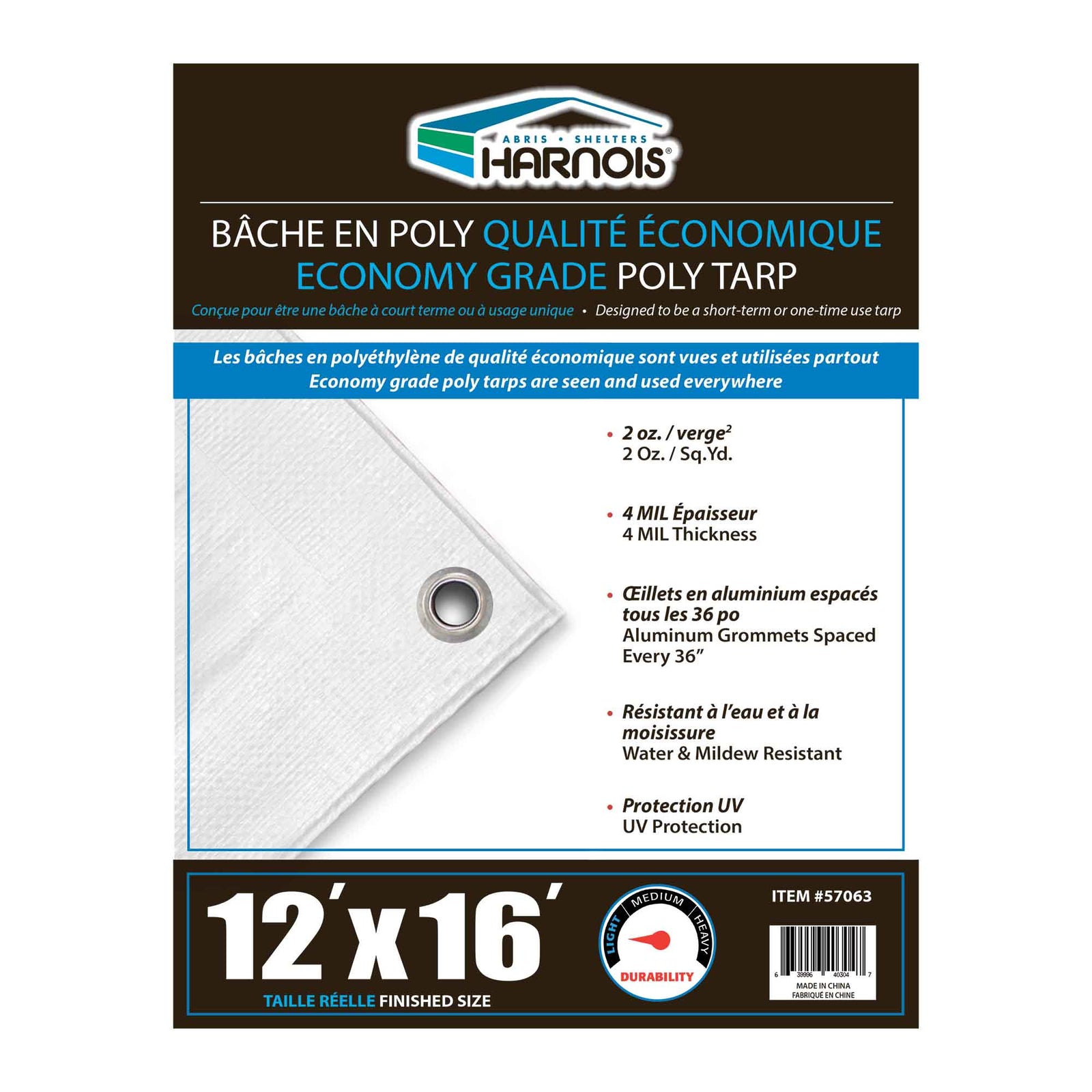 Bâche en polyéthylène blanc transparent de qualité économique, 12' x 16'