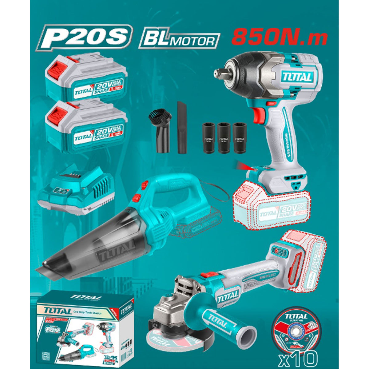 Ensemble de 3 outils promo, à batterie, Impact, meuleuse, aspirateur