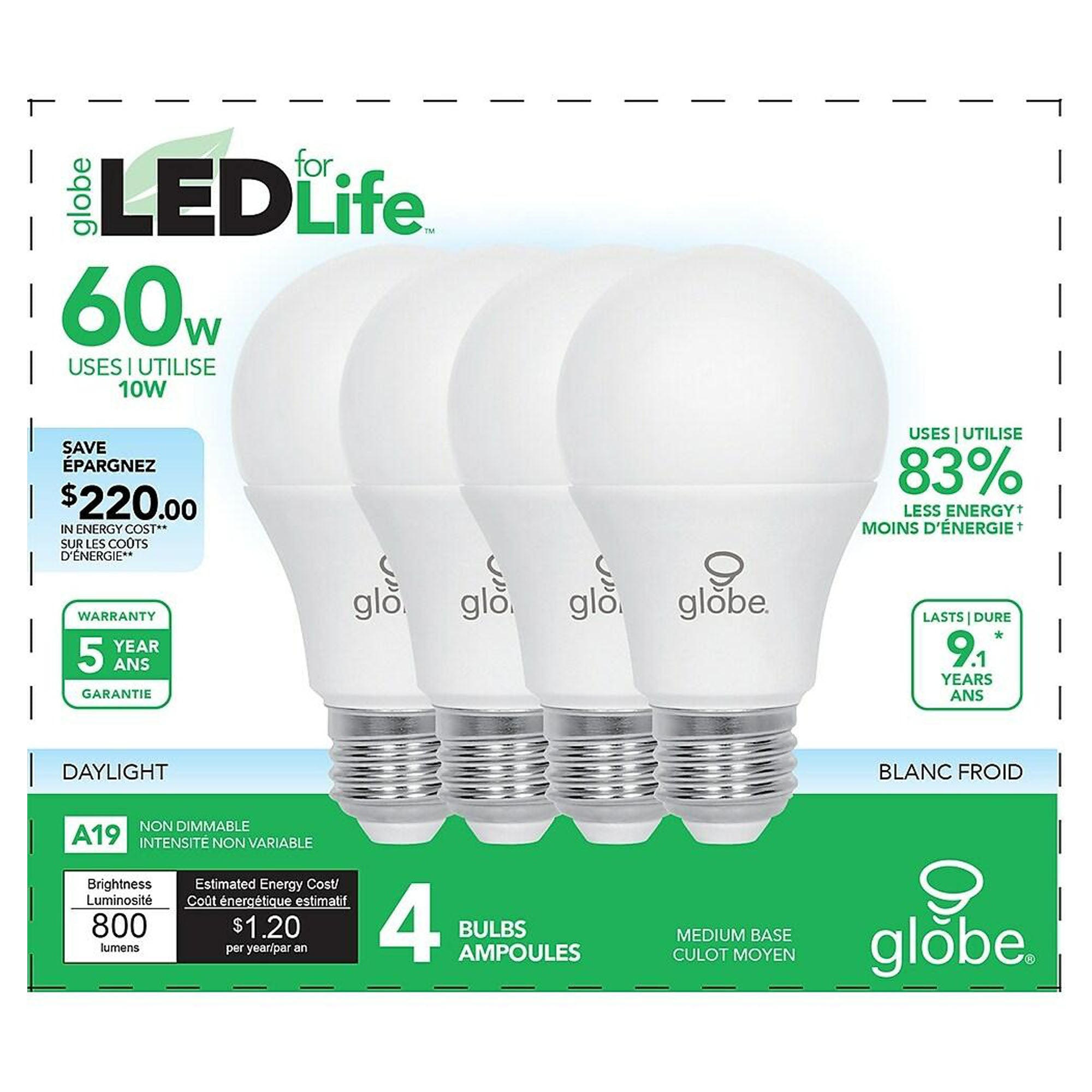 Ampoule DEL A19, non-dimmable, lumière du jour, 60 watts (emballage de 4)