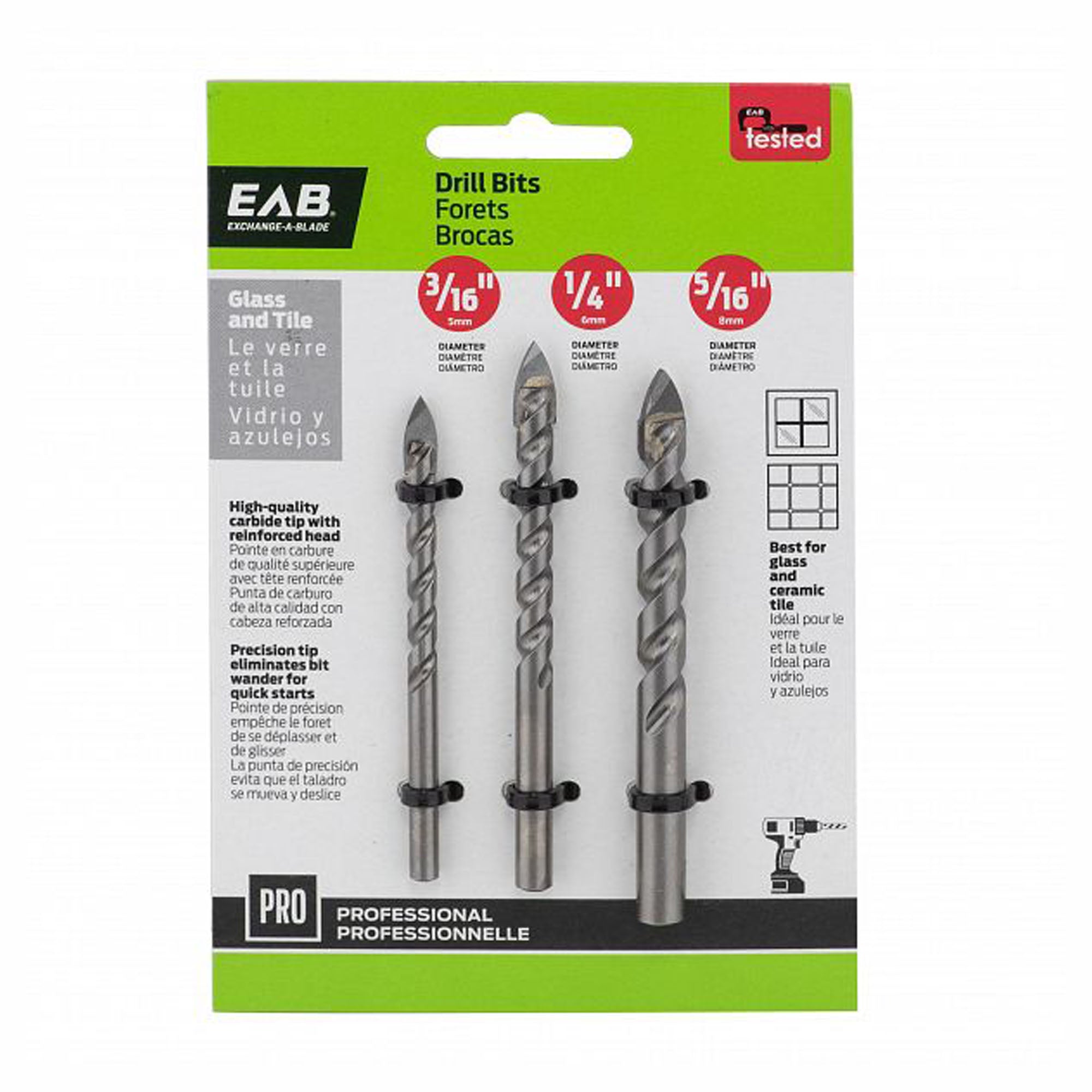 Ensemble de 2 mèches, forêt pour le verre et la tuile, 3/16'', 1/4''