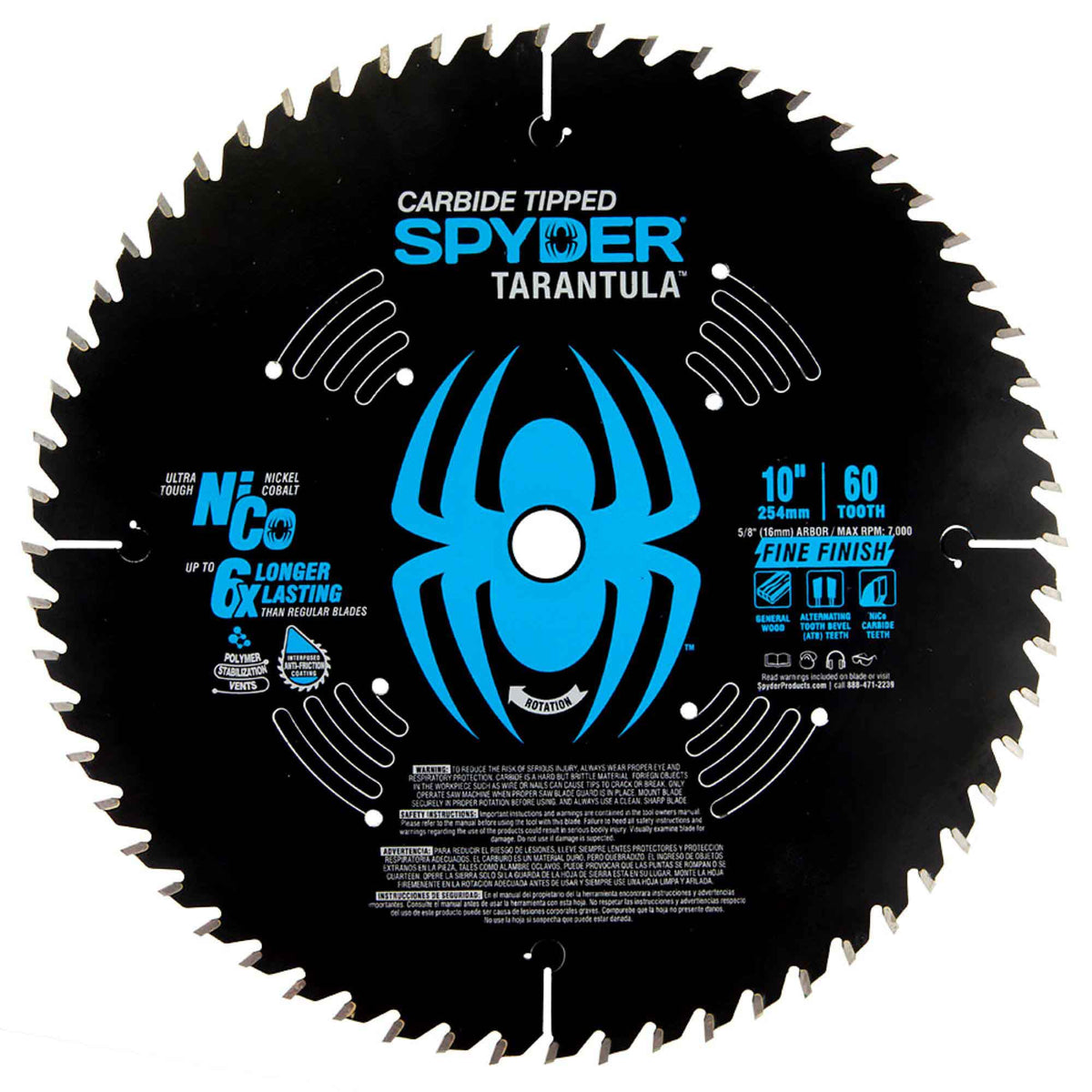 Lame de scie circulaire Tarantula pour la finition avec 60 dents en acier au carbure de tungstène, 10"