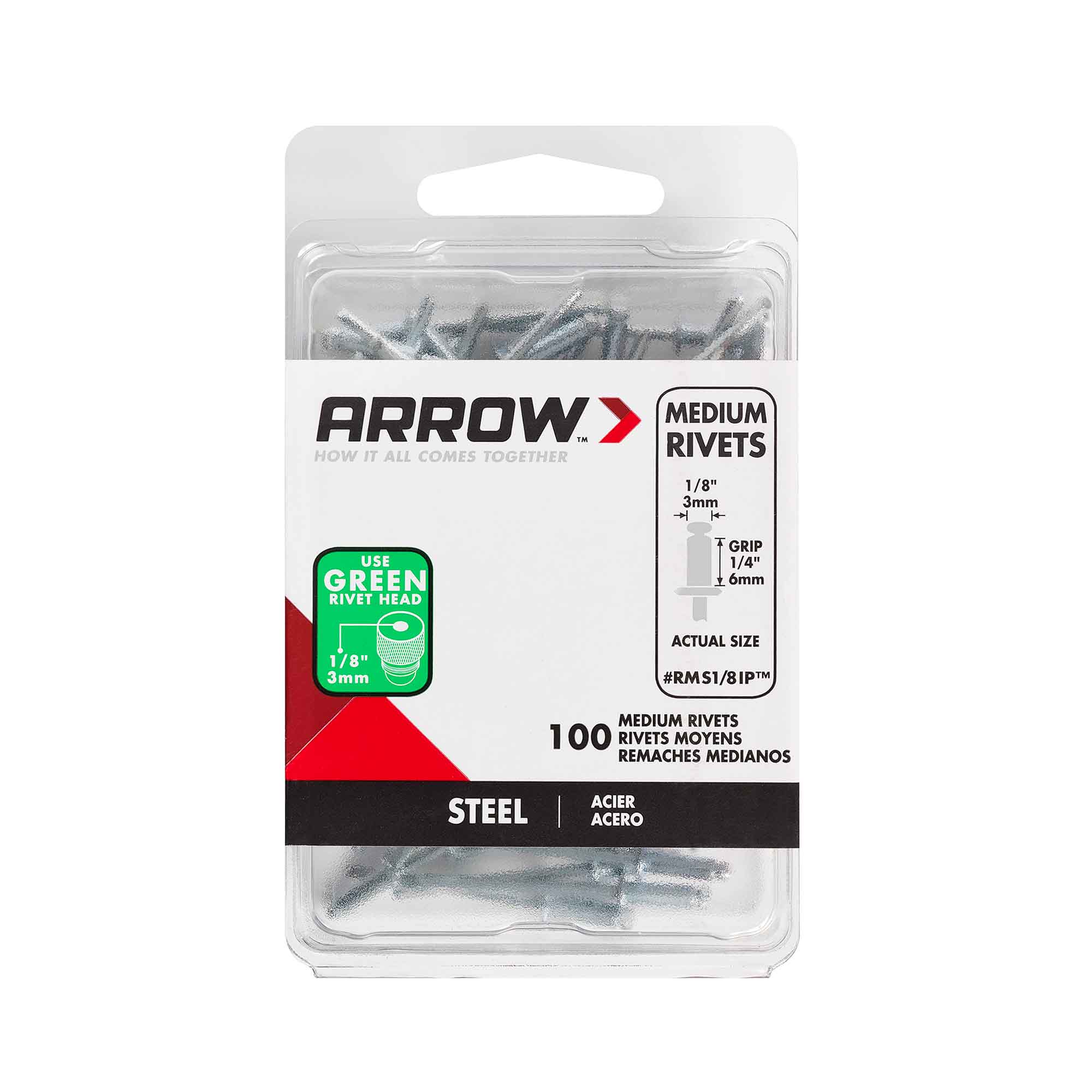 Rivet moyen 1/8" en acier, 100 unités 