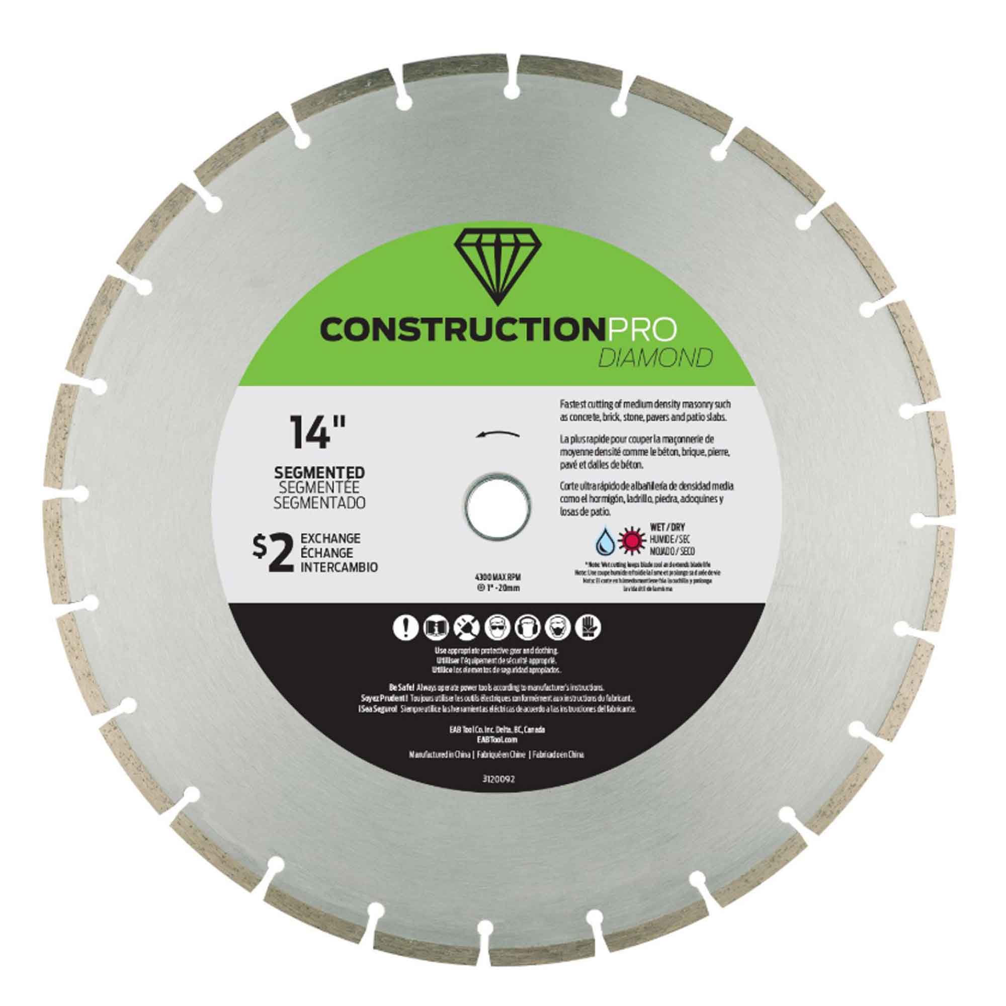 Lame de scie au diamant segmenté, construction pro, 14''