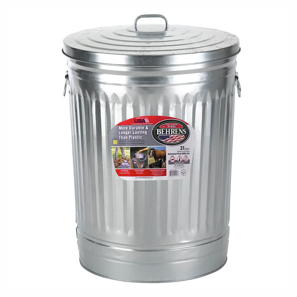 Poubelle en acier galvanisé, avec couvercle, 30 gallons