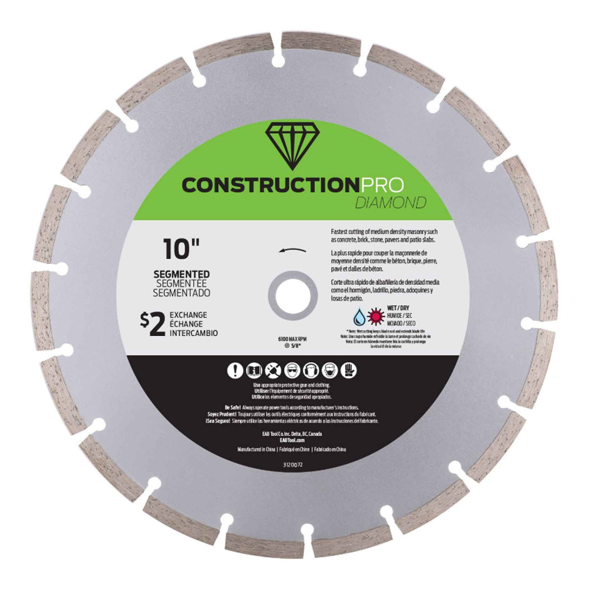 Lame de scie segmentée au diamant pour béton, construction pro, 10''