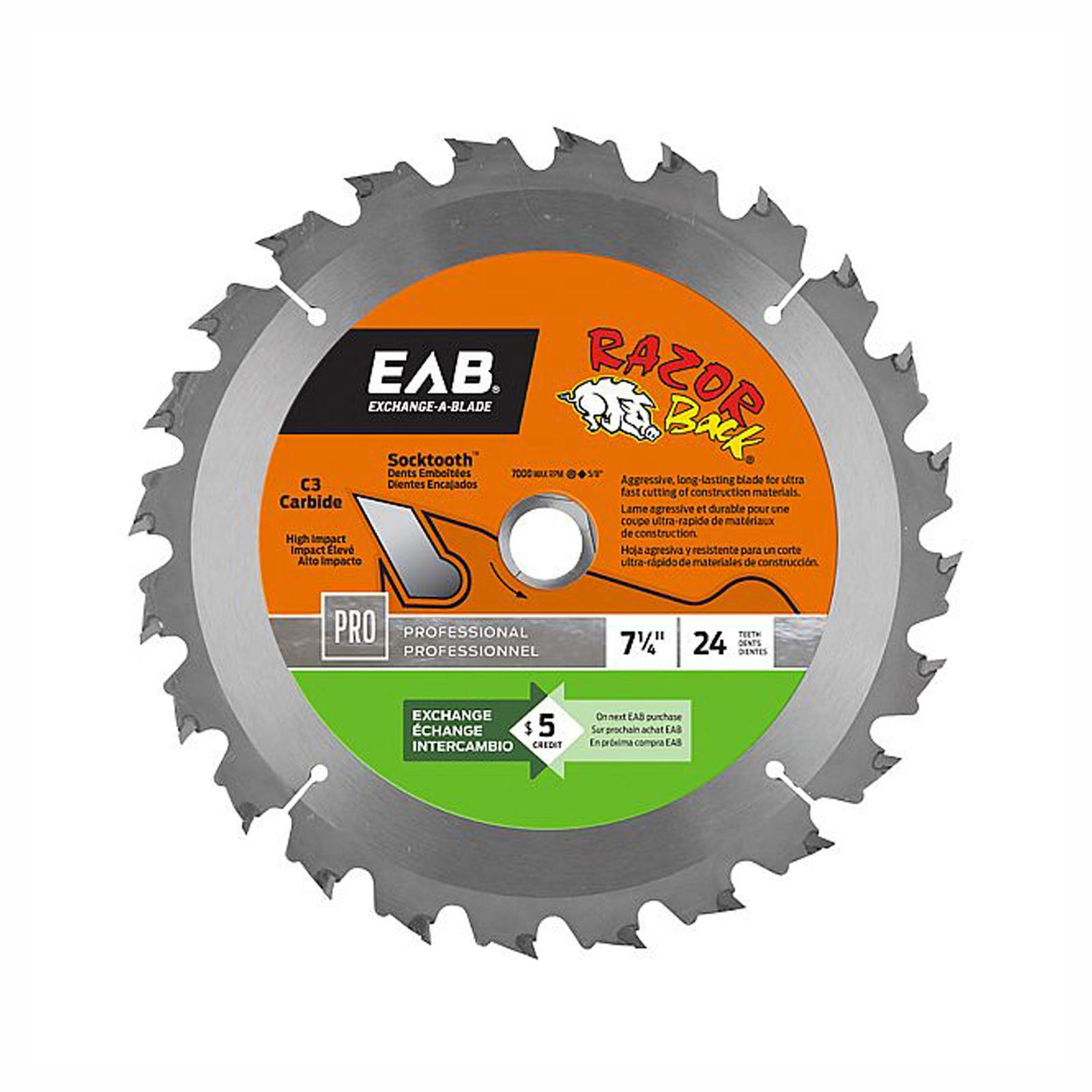 Lame de scie circulaireau carbure, Razor back, 7-1/4', x 24 dents