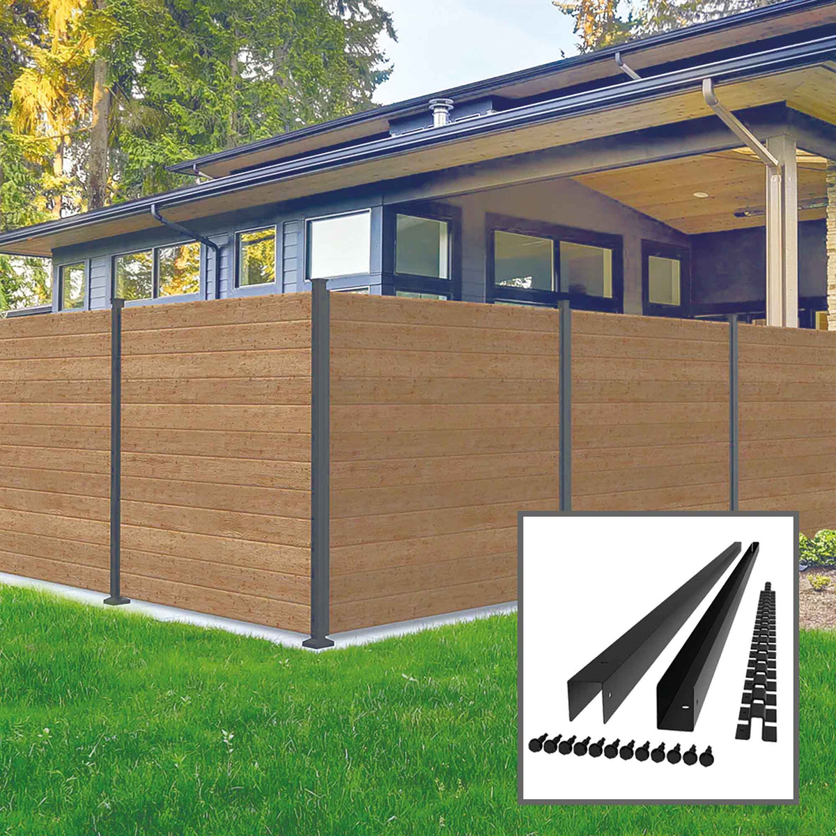 Ensemble de 2 moulures en U en acier noir mat pour clôture en planches de bois, 1'' X 1'' X 72''