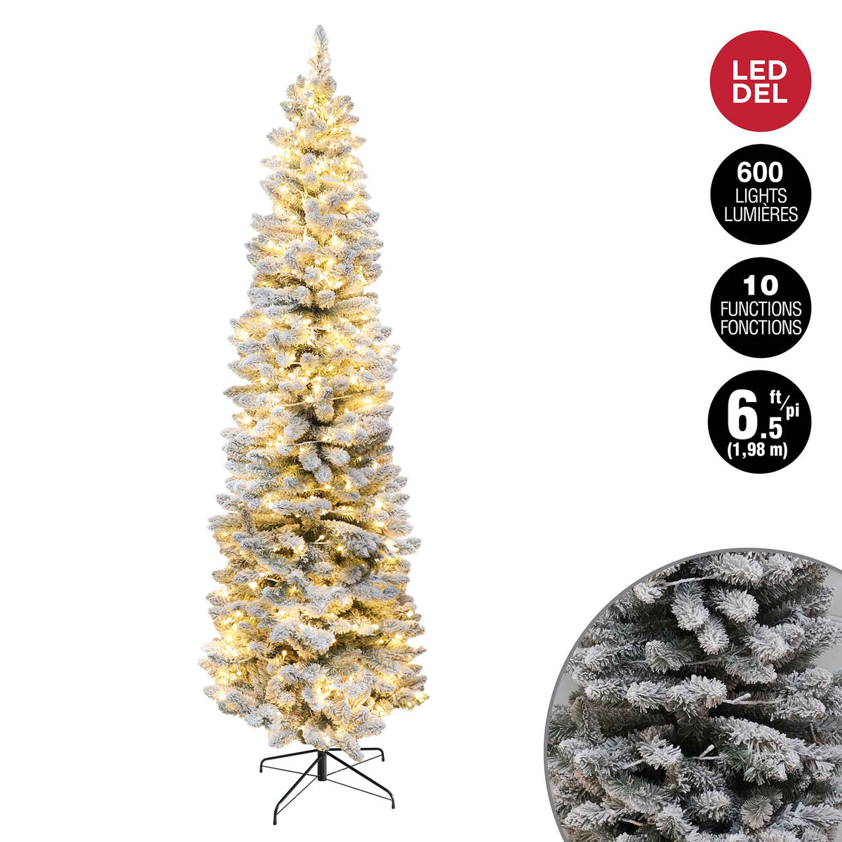 Sapin de Noël étroit et floqué à 600 lumières DEL F5 en blanc chaud et 600 pointes, 6-1/2&#39; (1,98 m)