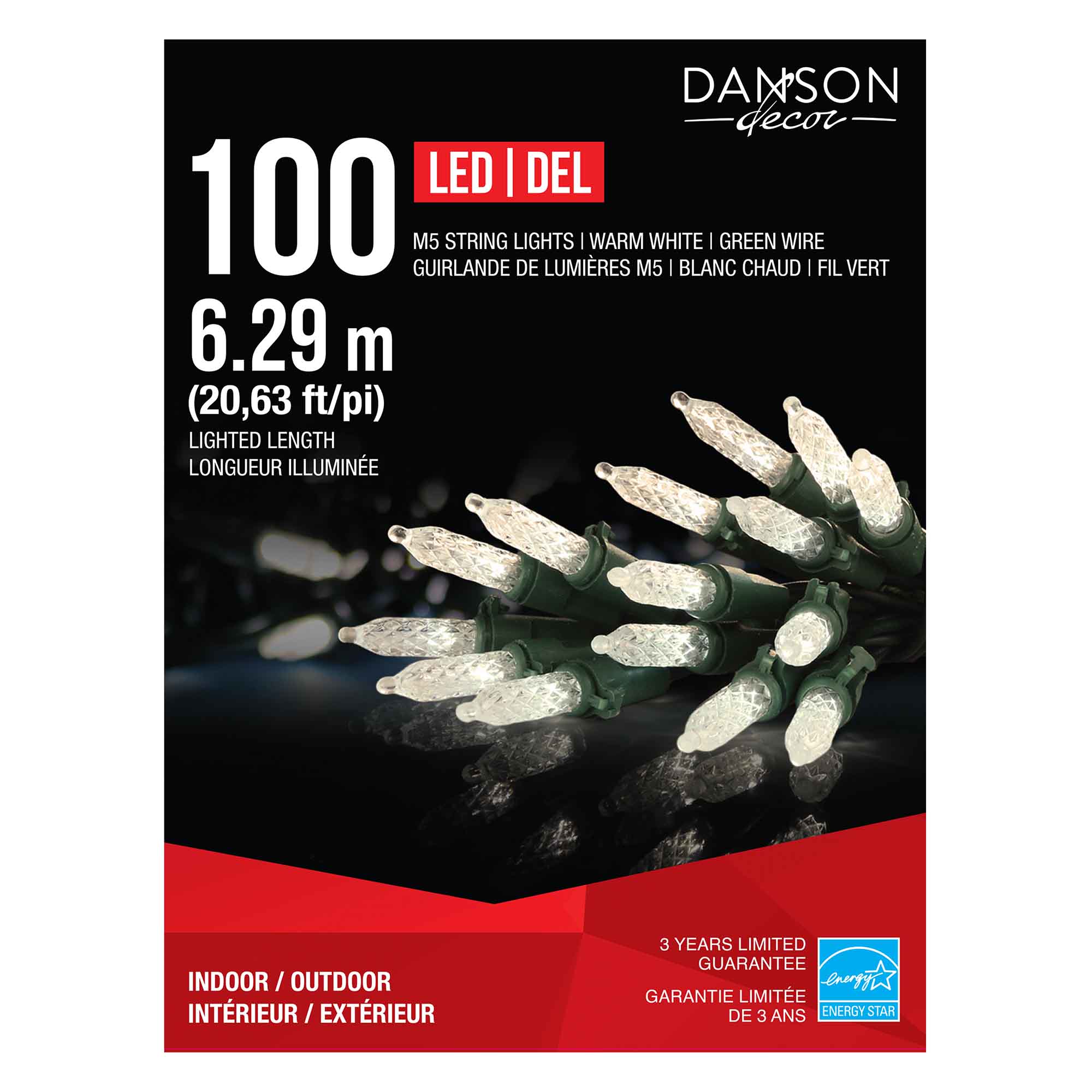 Guirlande de 100 lumières M5 DEL de 20,63' (6,29 m), blanc chaud