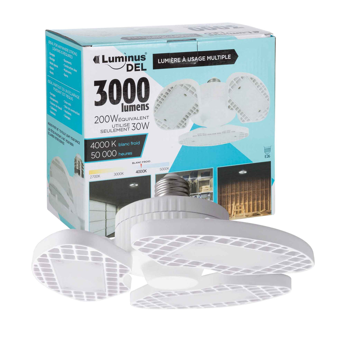 Lumière DEL 30 W à usage multiple avec base E26, 4 000K blanc froid