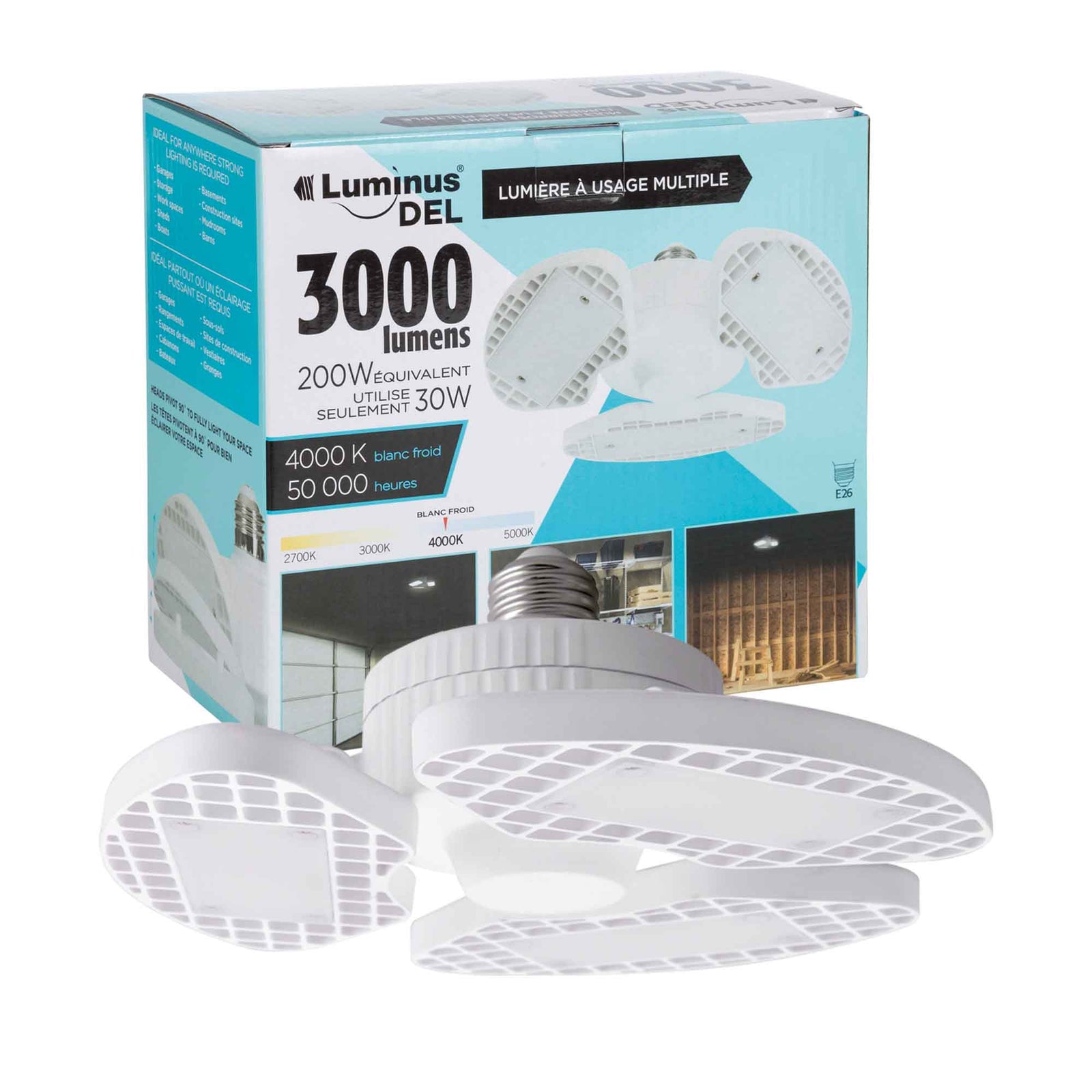 Lumière DEL 30 W à usage multiple avec base E26, 4 000K blanc froid