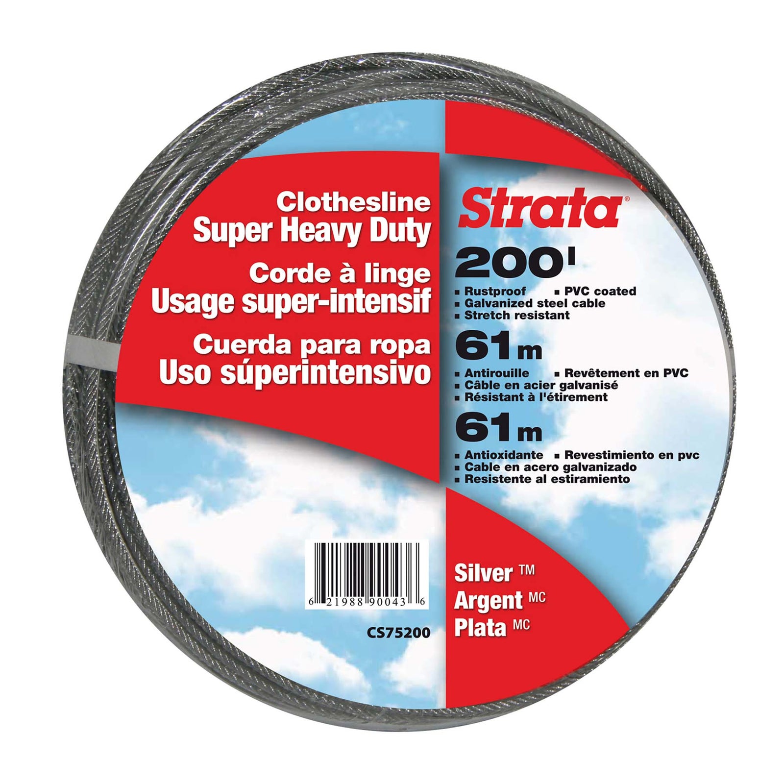 Corde à linge argentée en acier galvanisé et recouverte de PVC clair - 200'