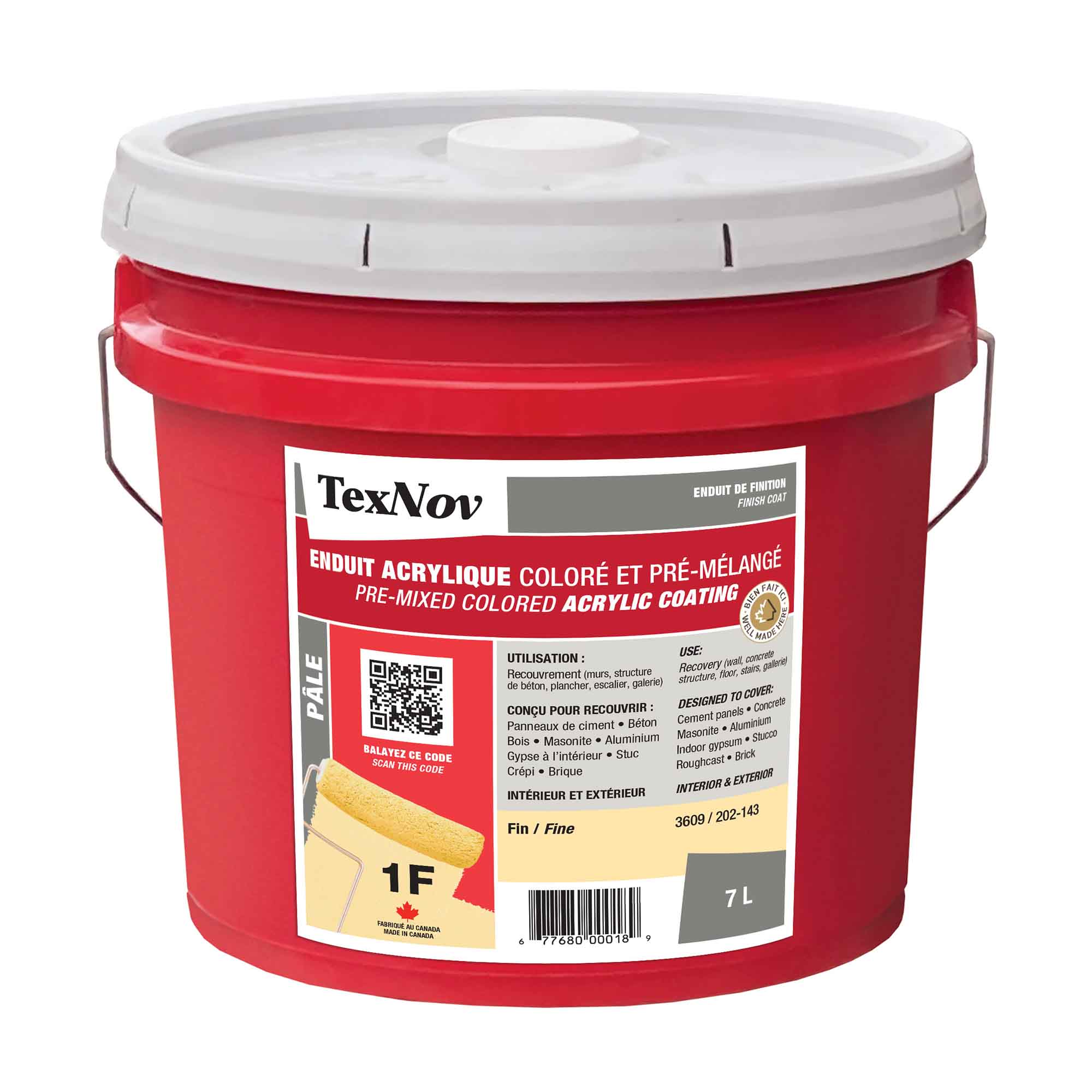 Enduit de finition en acrylique coloré pâle et pré-mélangé à texture fine 1F, 7 L