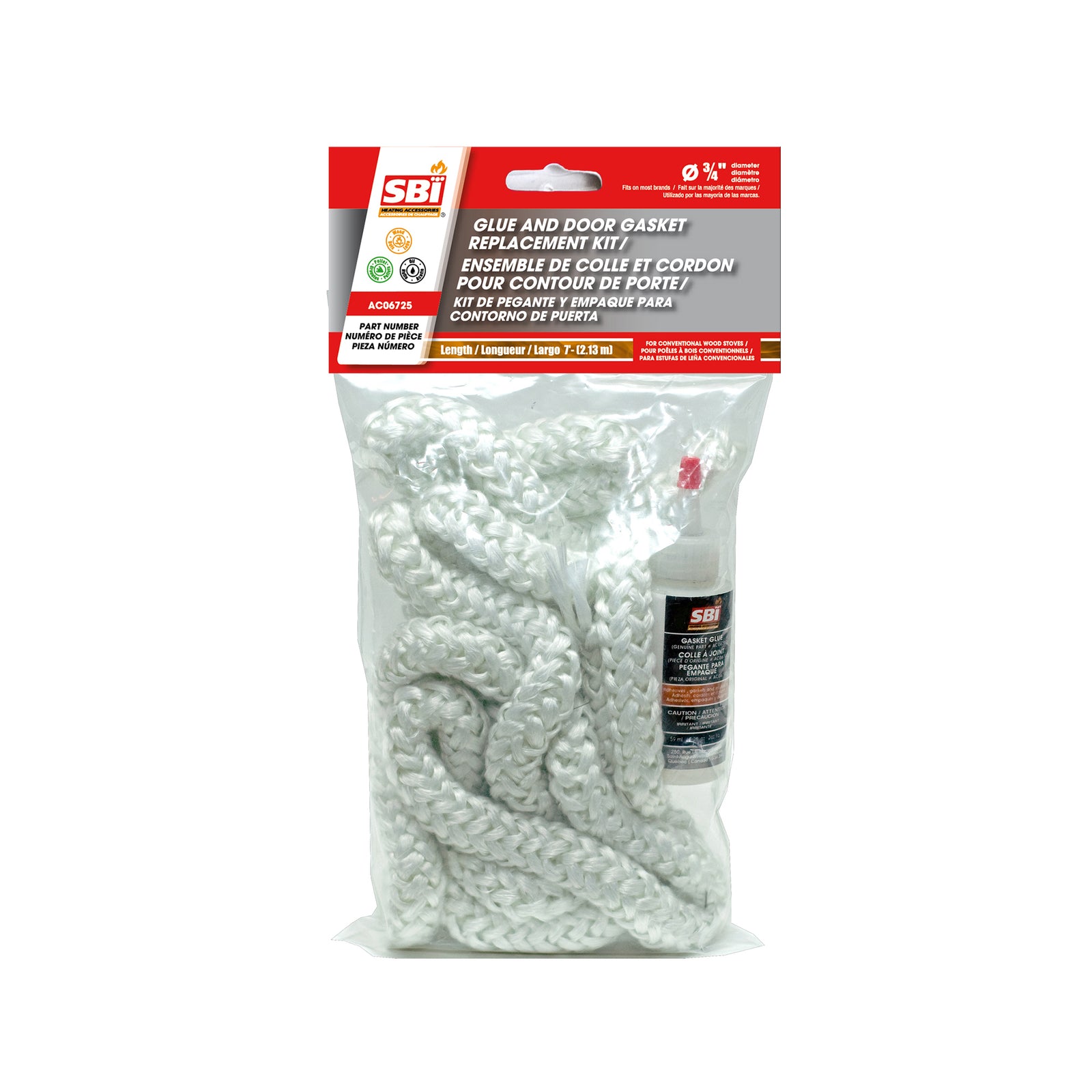Colle et cordon de remplacement pour coutour de porte de poêle à bois, 3/4'' x 7'