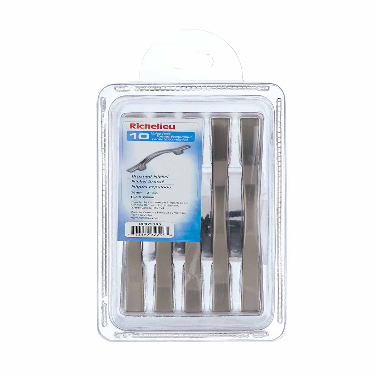 Paquet de 10 poignées traditionnelles en métal nickel brossé # 879, 3&#39;&#39; C/C