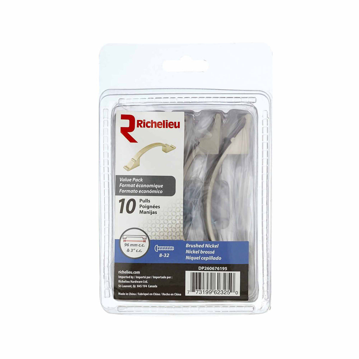 Paquet de 10 poignées # 2606 traditionnelles en métal nickel brossé, 3&#39;&#39; et 96 mm C/C